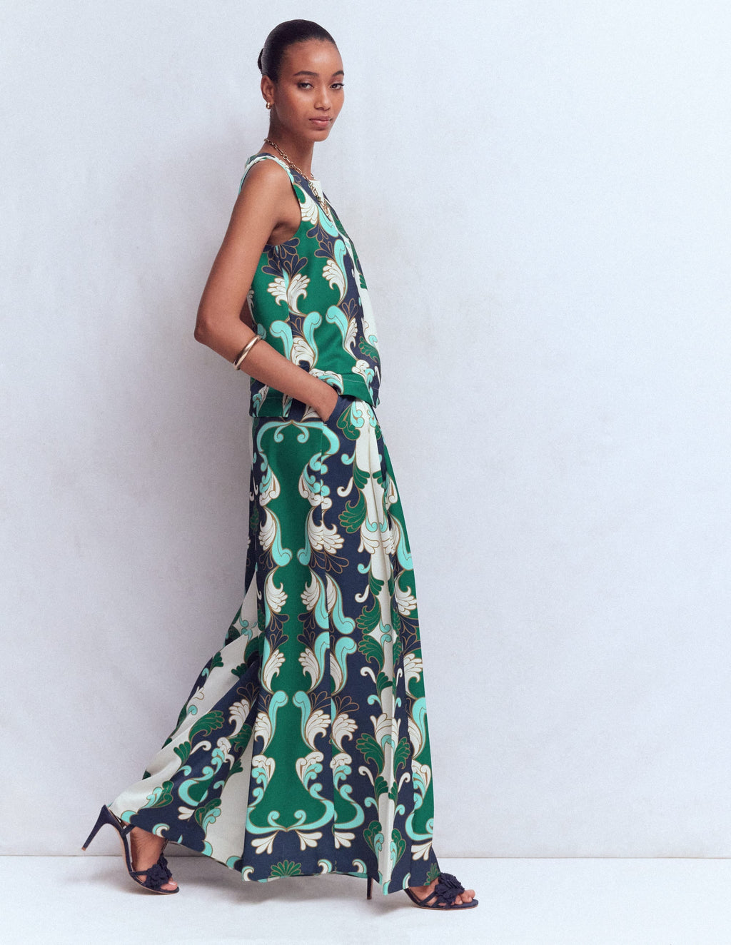 Regent Wide Leg Pants-Ivory, Foliage Whirl