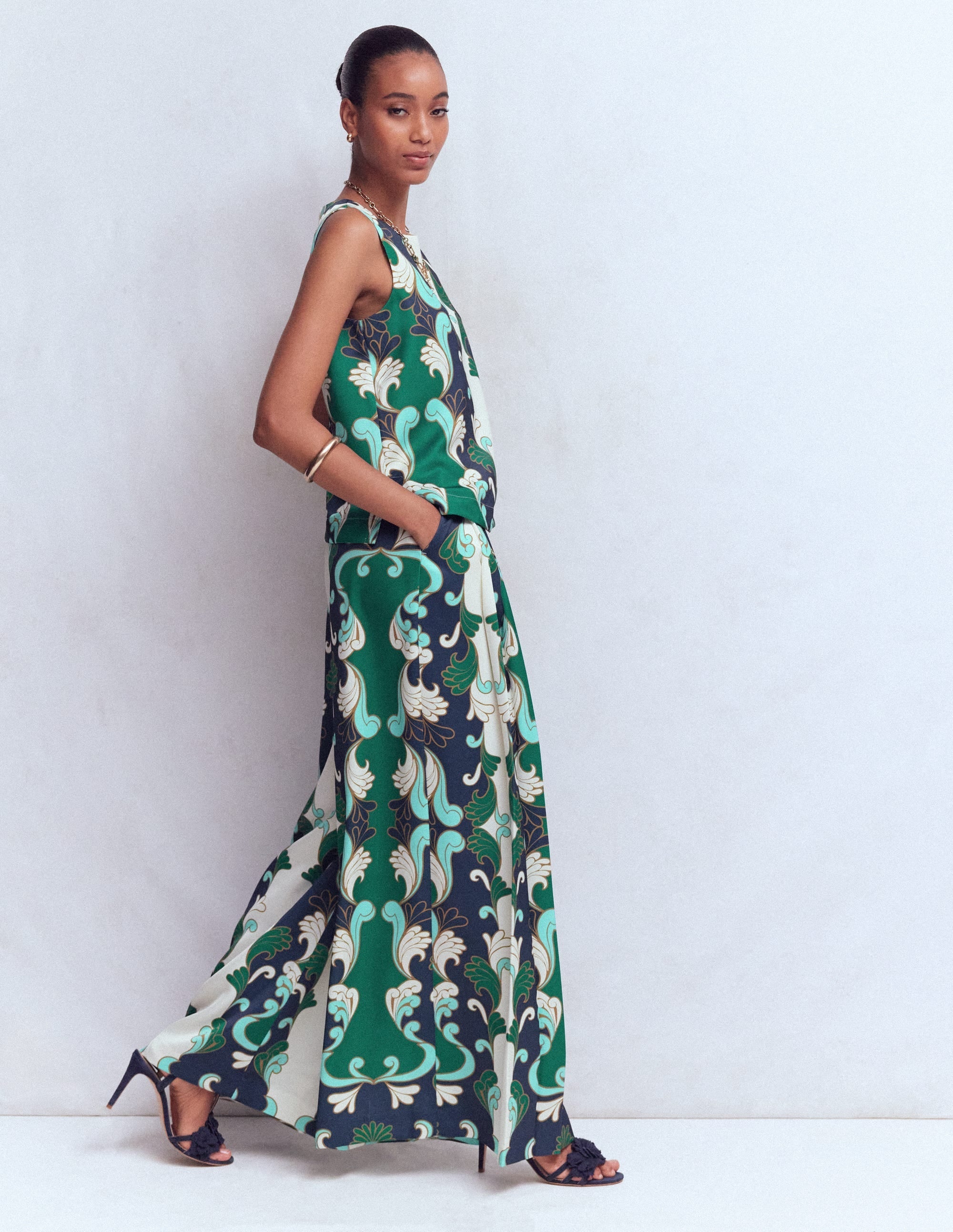 Regent Wide Leg Pants-Ivory, Foliage Whirl