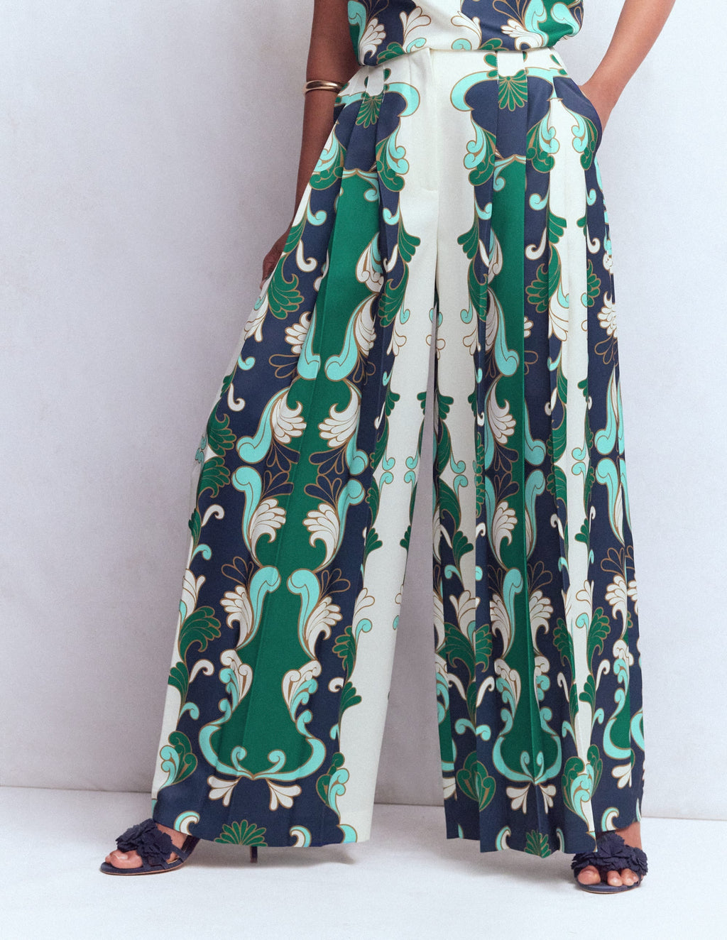 Regent Wide Leg Pants-Ivory, Foliage Whirl