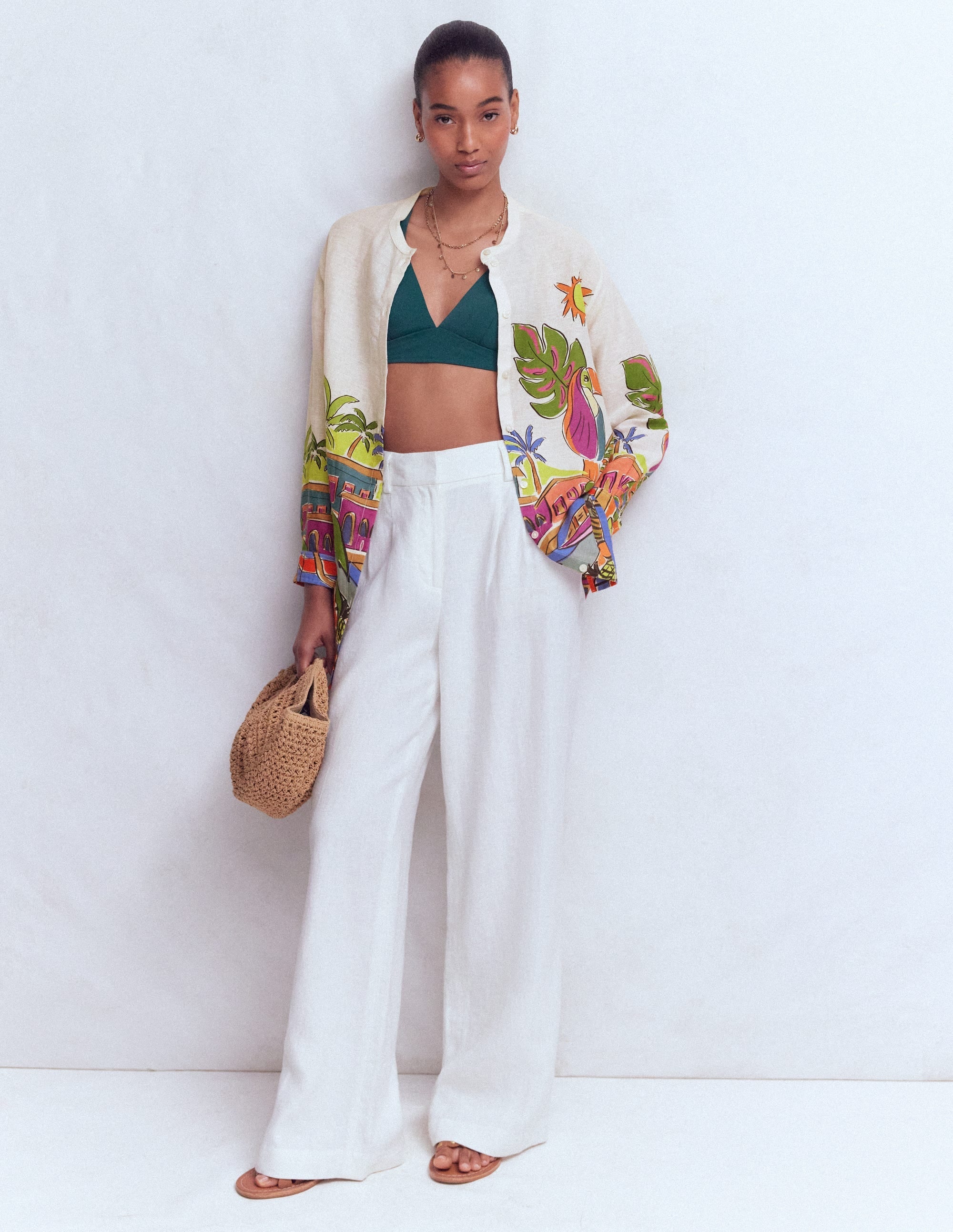 Longline Linen Shirt-Multi, Tropical Village