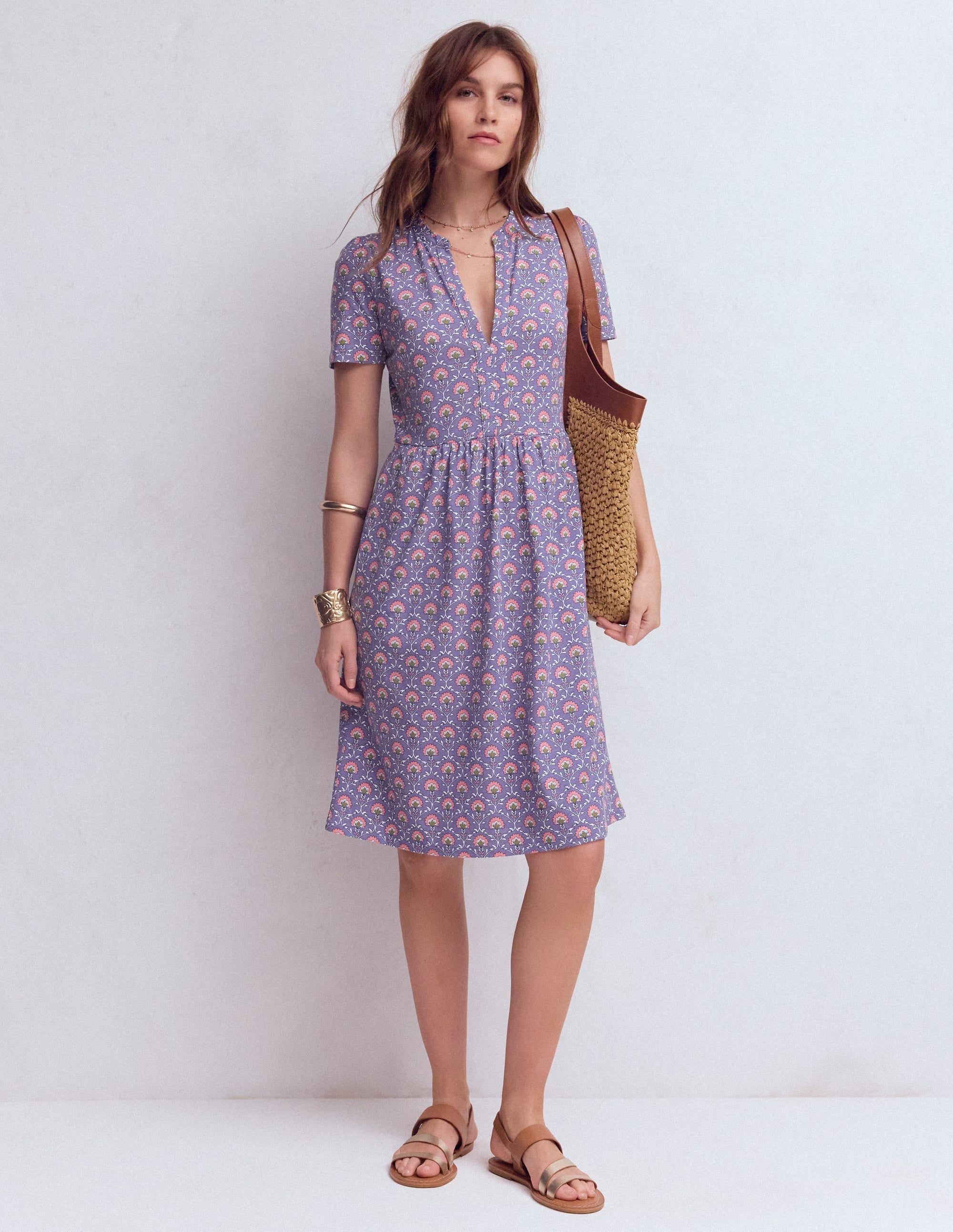 Naomi Short Sleeve Dress-Purple Thistle, Flower Lattice