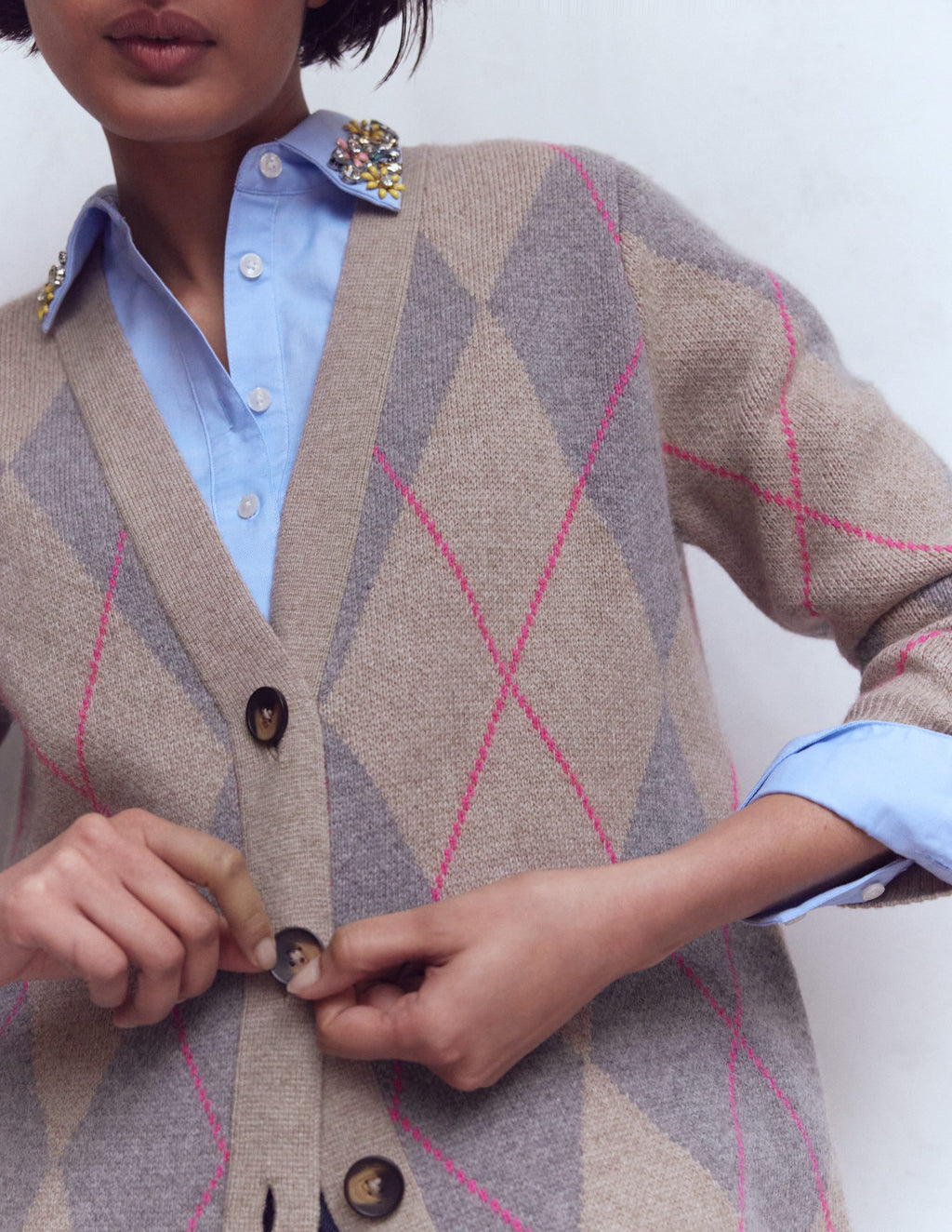 Quinn Boyfriend Cardigan-Neutral Argyle