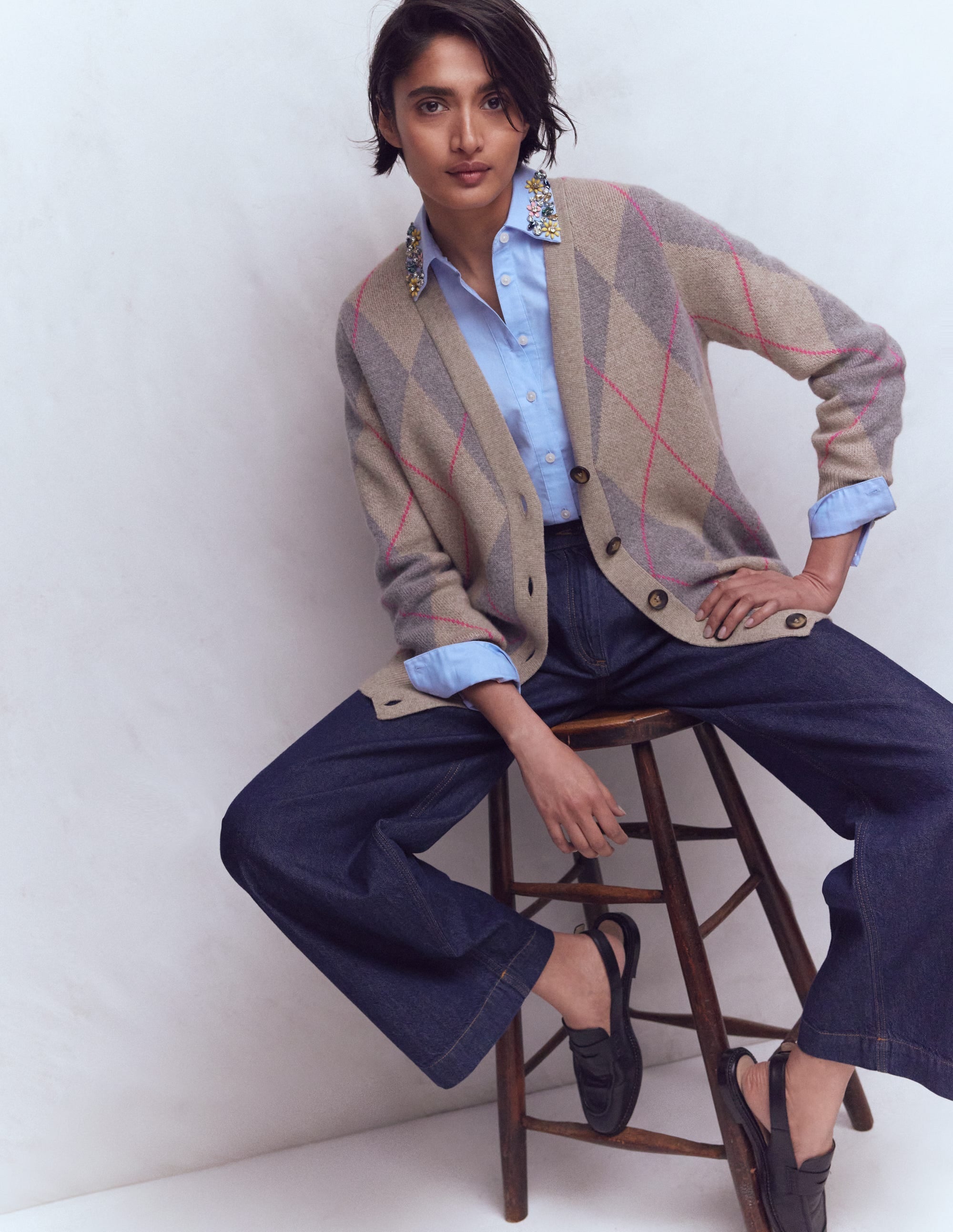 Quinn Boyfriend Cardigan-Neutral Argyle