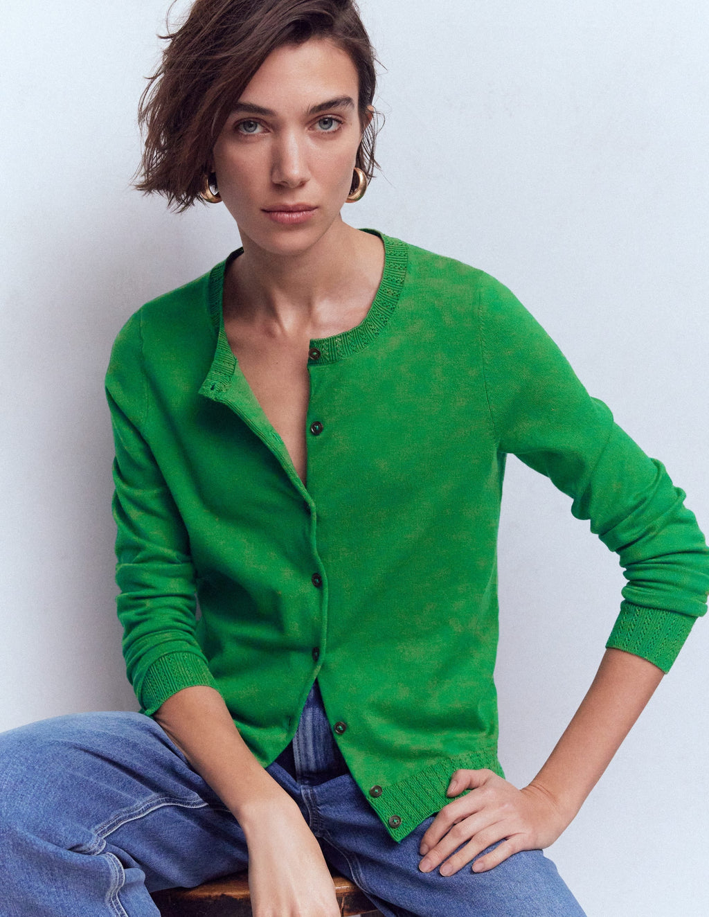 Emilia Cotton Crew Cardigan-Rich Emerald