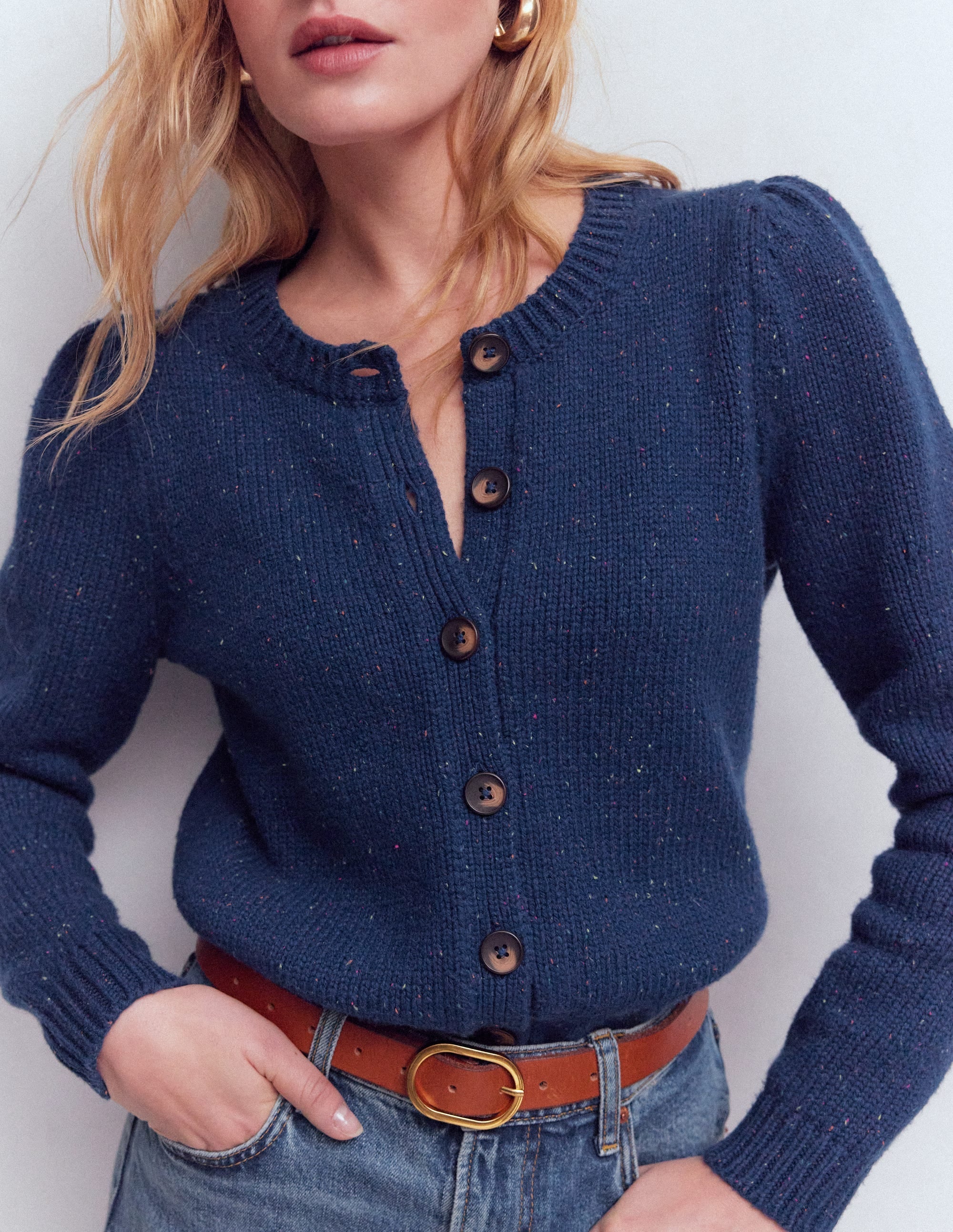 Davina Puff Sleeve Cardigan-Blue, Nep