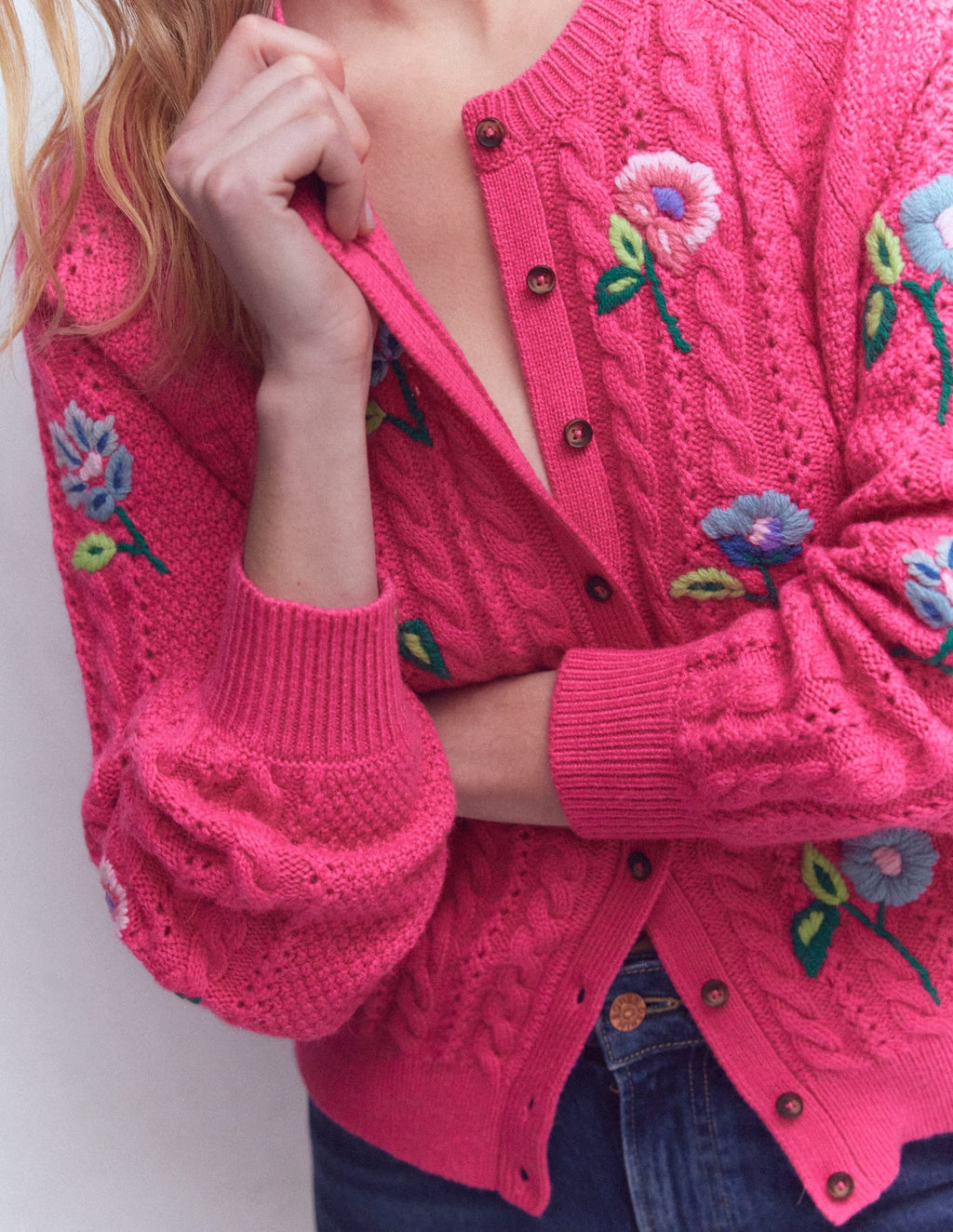 Liv Embroidered Cable Cardigan-Pink Peony