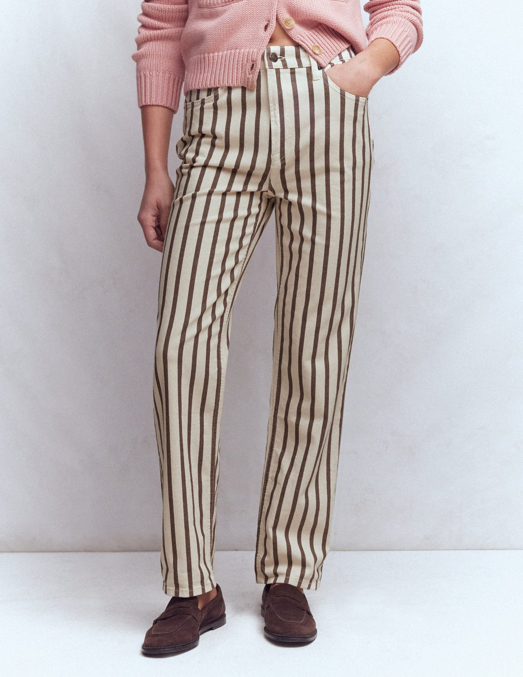 High Rise Straight Jeans-Brown Ecru Stripe