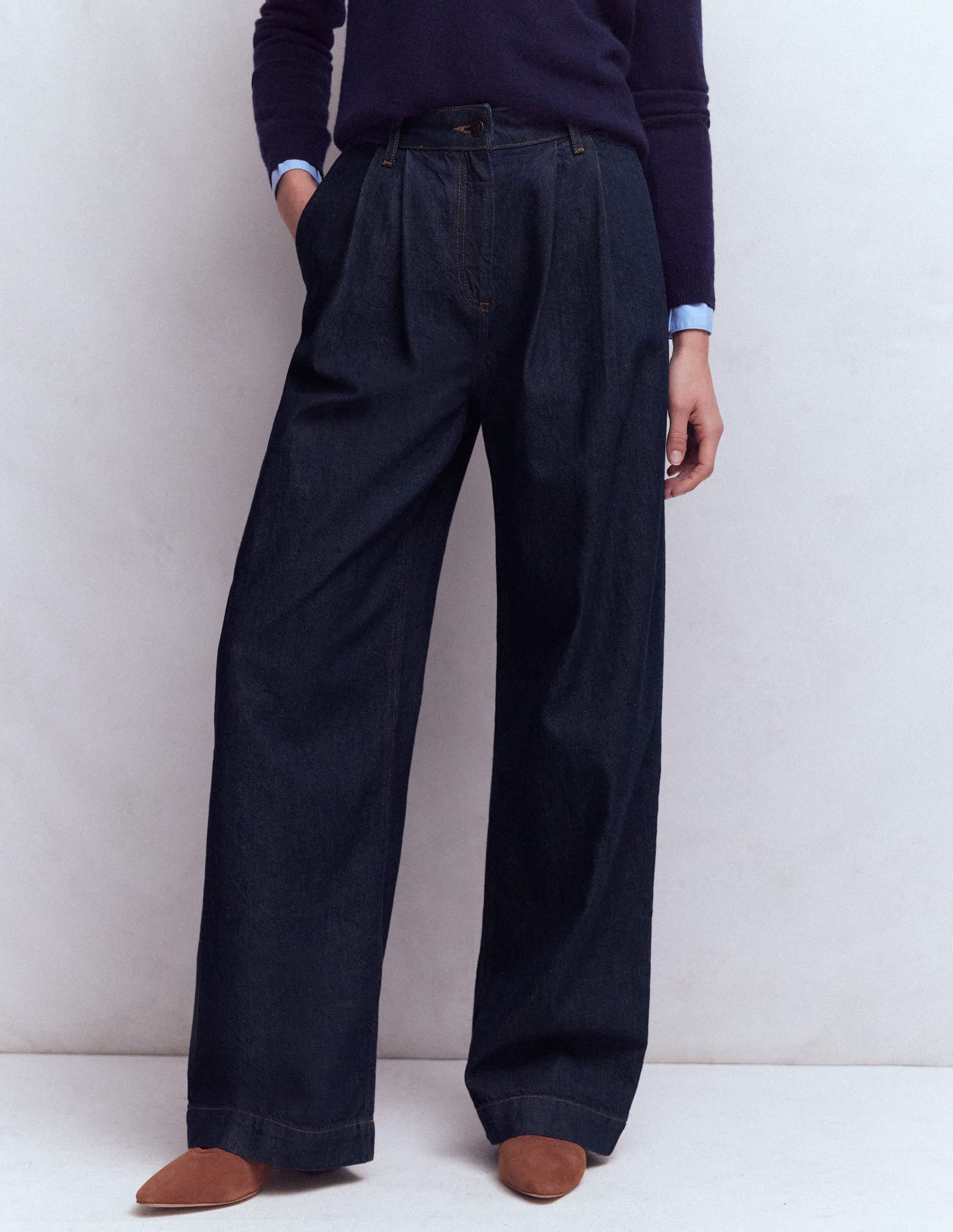 Pleated Wide Leg Jeans-Indigo Rinse