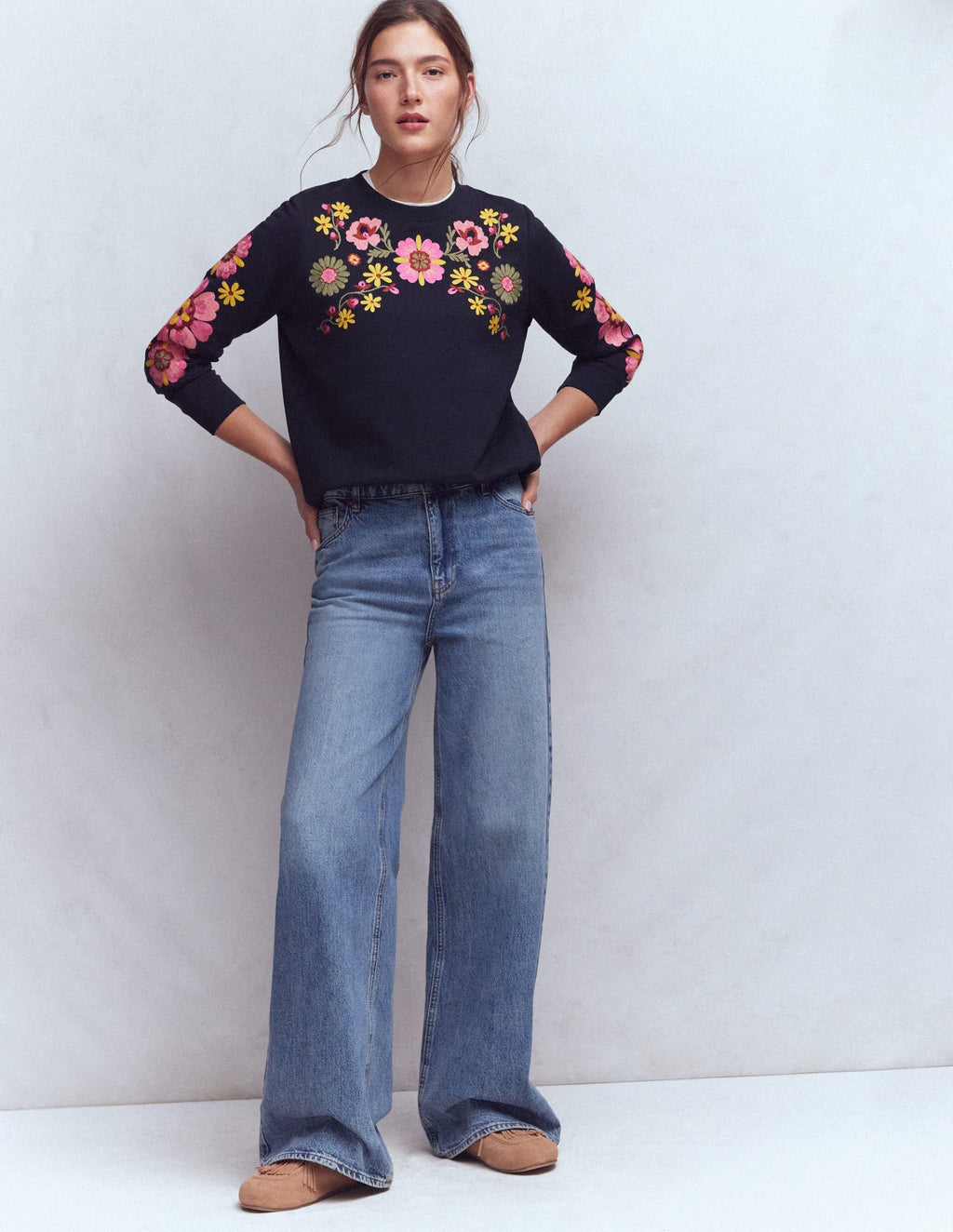 Hannah Embroidered Sweatshirt-Navy Multi Embroidery