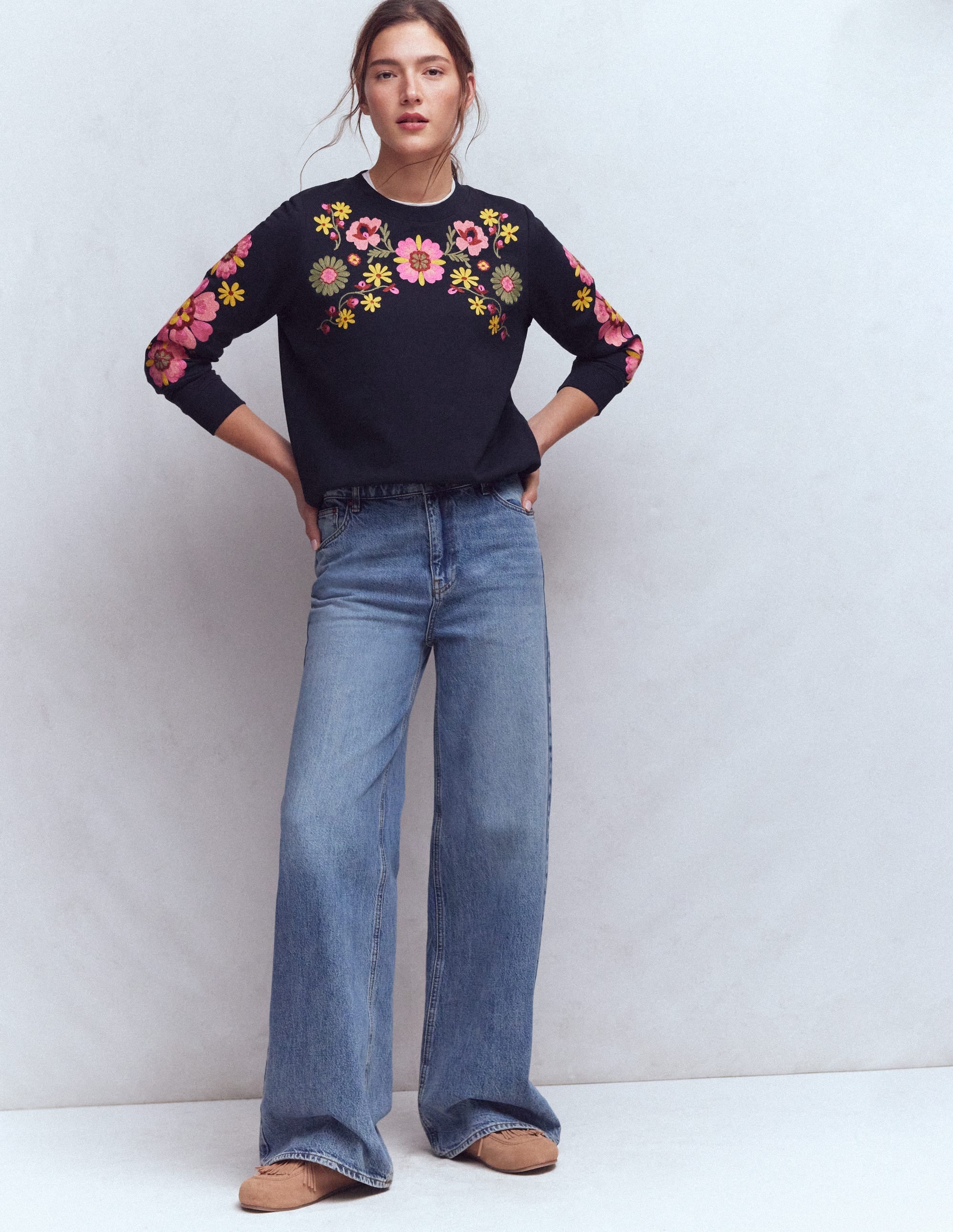 Hannah Embroidered Sweatshirt-Navy Multi Embroidery