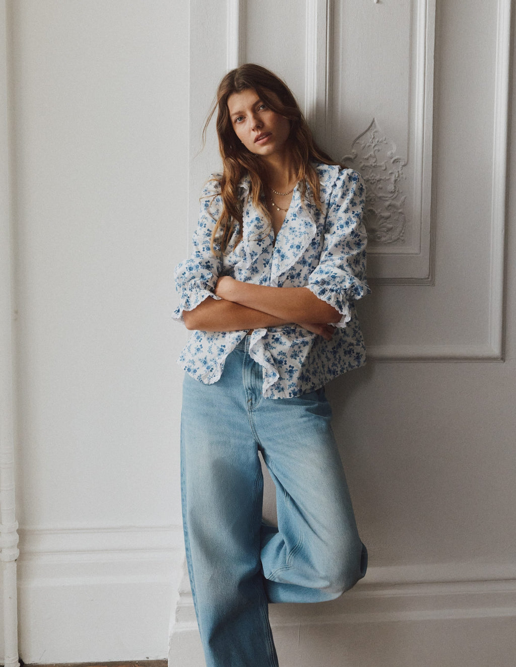 Eliza Ruffle V-Neck Blouse-Tourmaline Blue, Dainty Vine