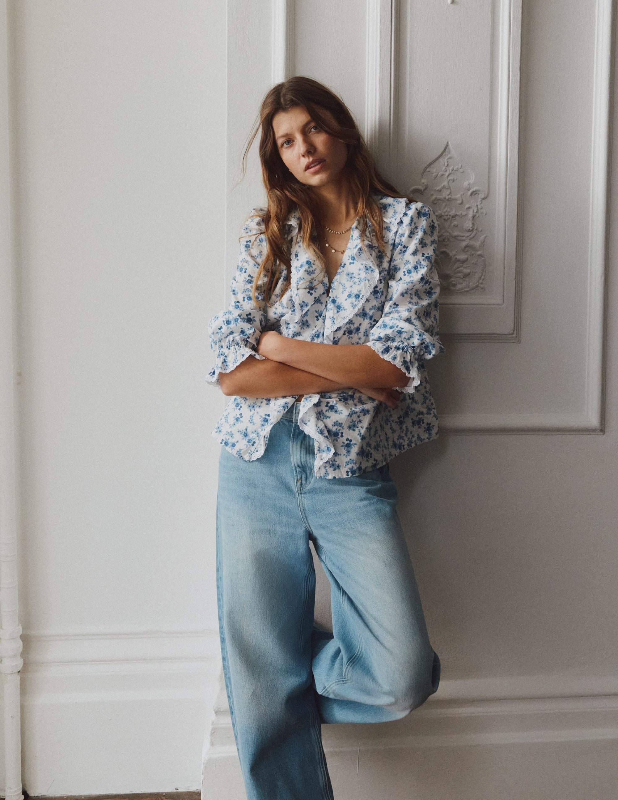 Eliza Ruffle V-Neck Blouse-Tourmaline Blue, Dainty Vine