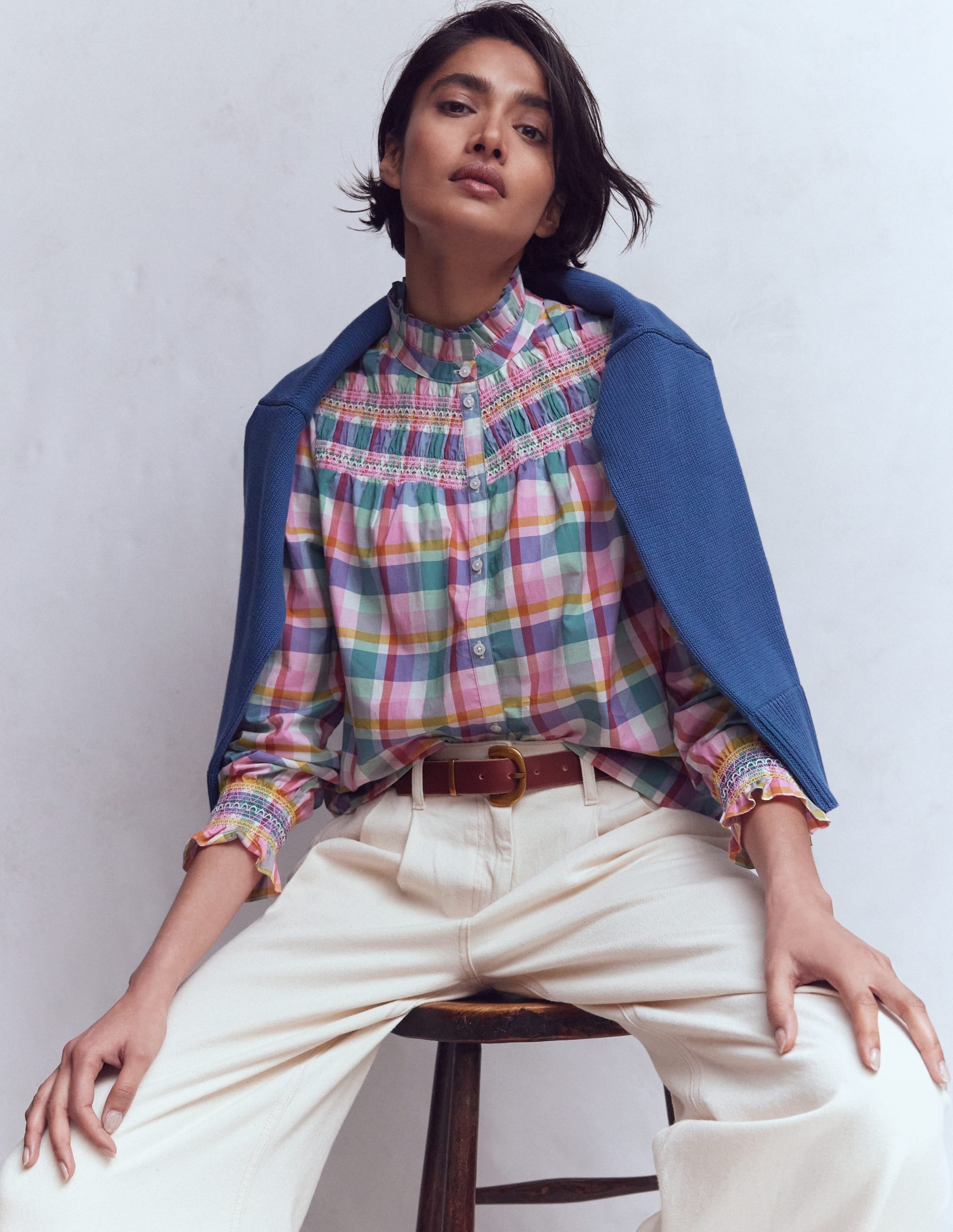 Esme Smocked Detail Frill Top-Multi Check