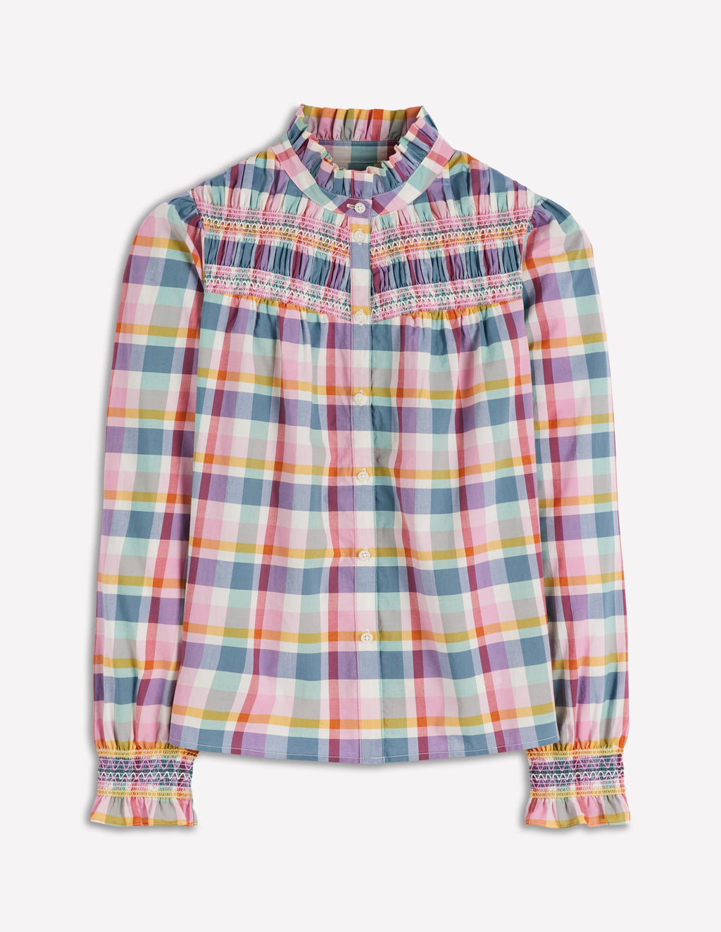 Esme Smocked Detail Frill Top-Multi Check