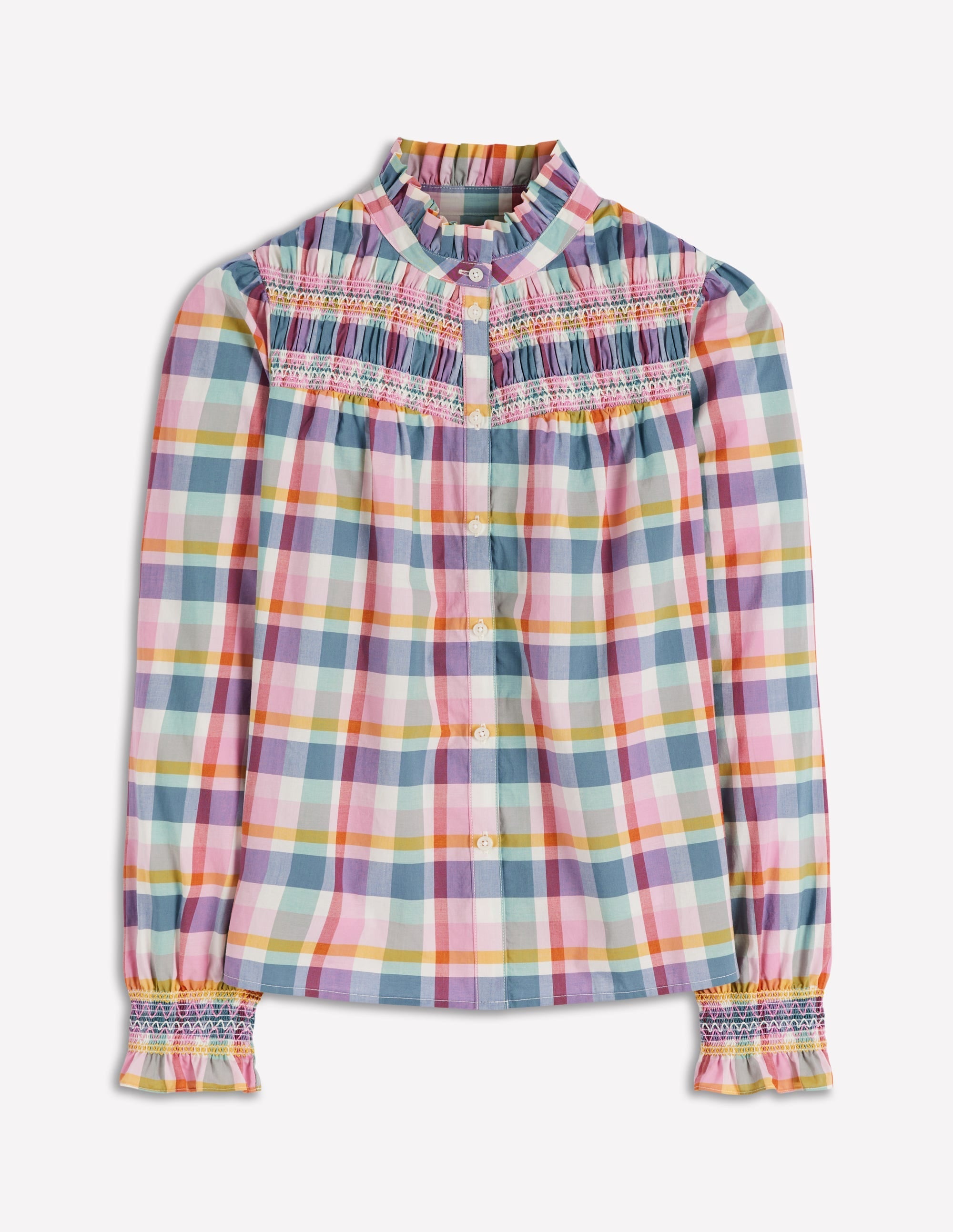 Esme Smocked Detail Frill Top-Multi Check