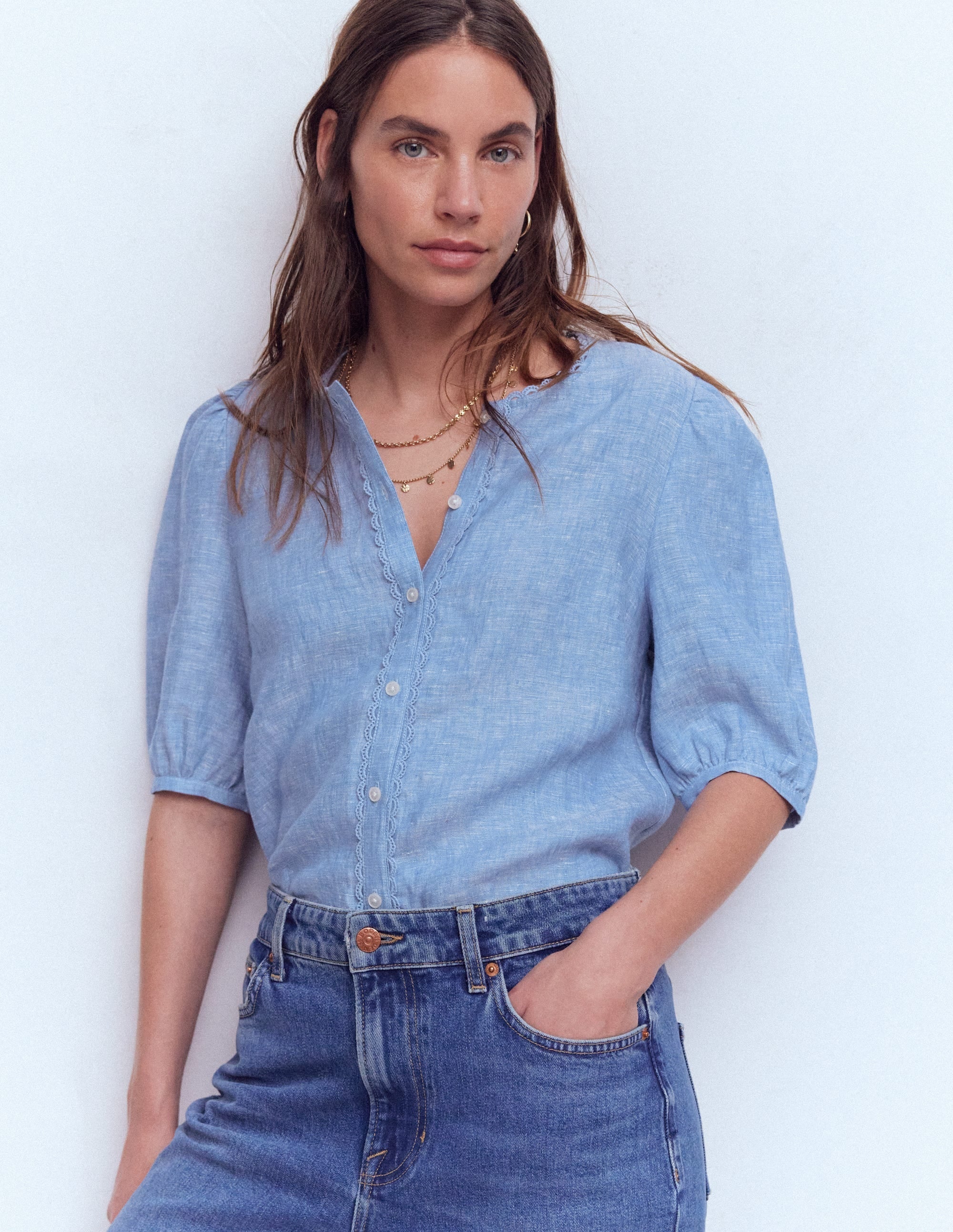 Leah Short Sleeve Linen Top-Chambray
