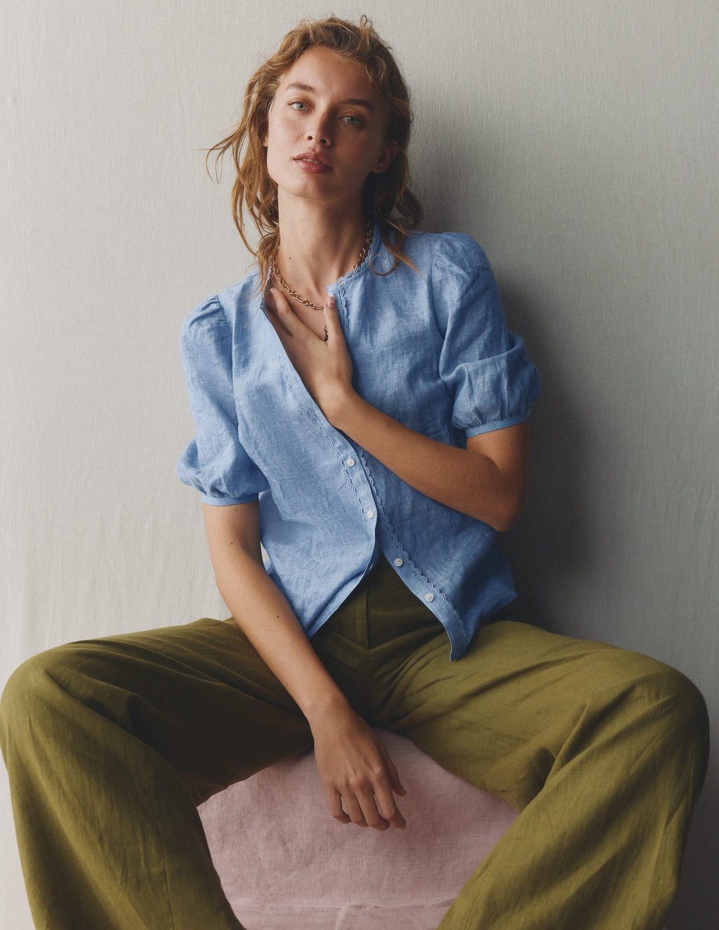 Leah Short Sleeve Linen Top-Chambray