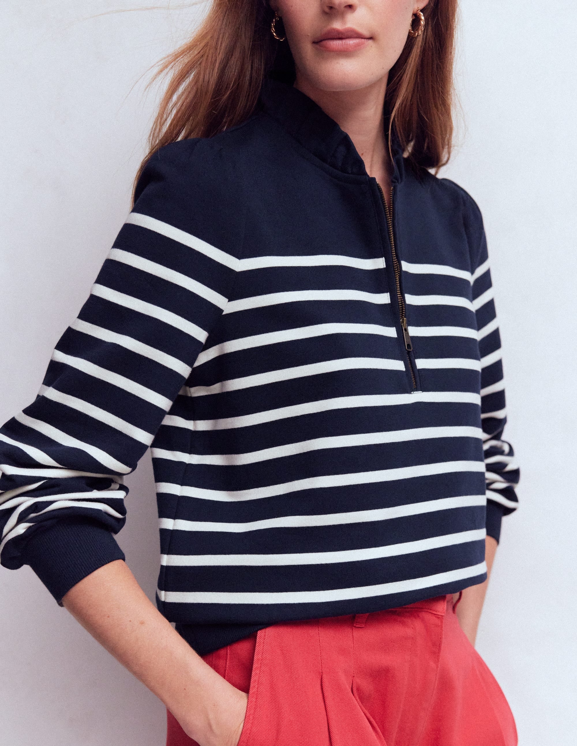 Half-Zip Frill Sweatshirt-Placement Stripe
