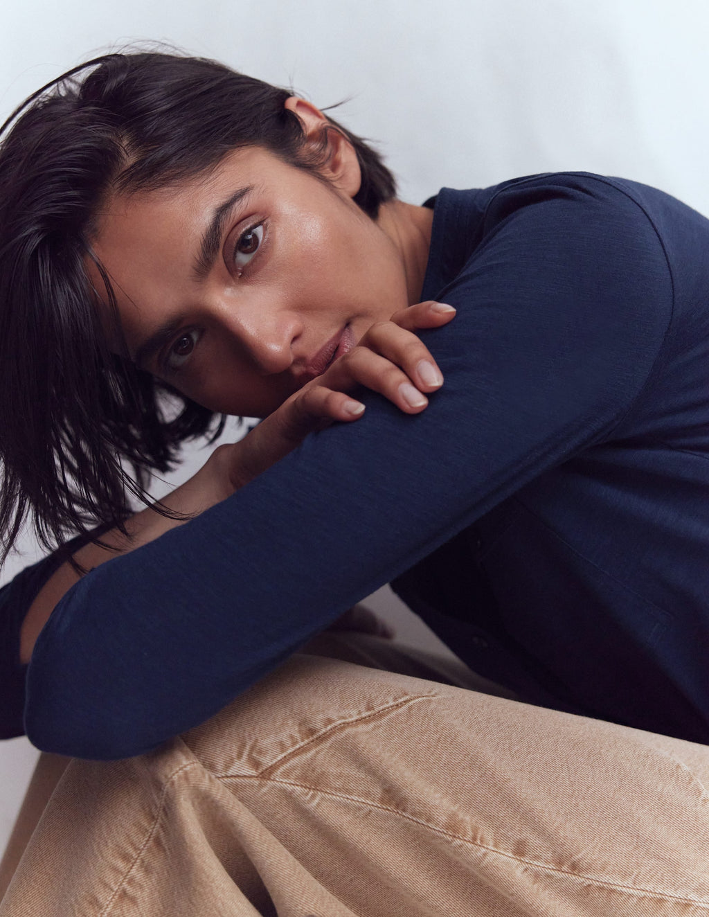 Topstitched Pocket Shirt-Navy