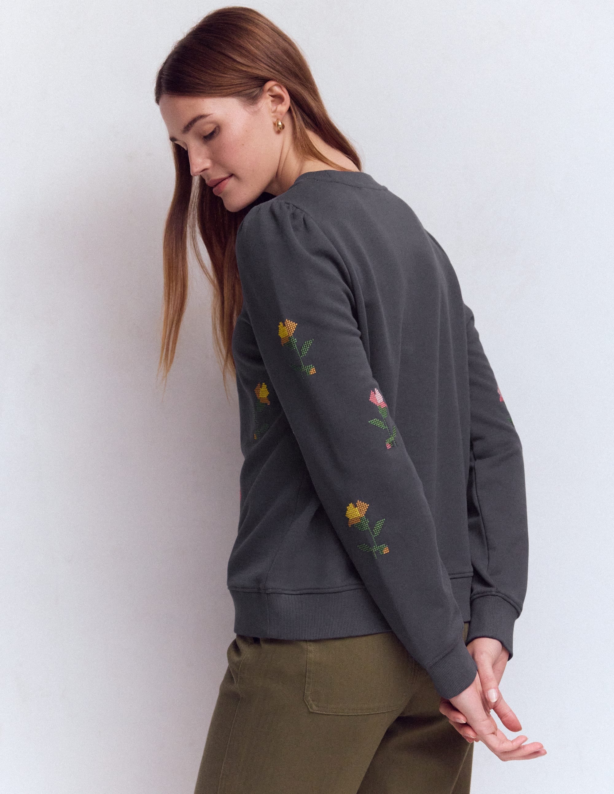 Puff Sleeve Embroidered Sweat-Cross Stitch Flower Embroidery