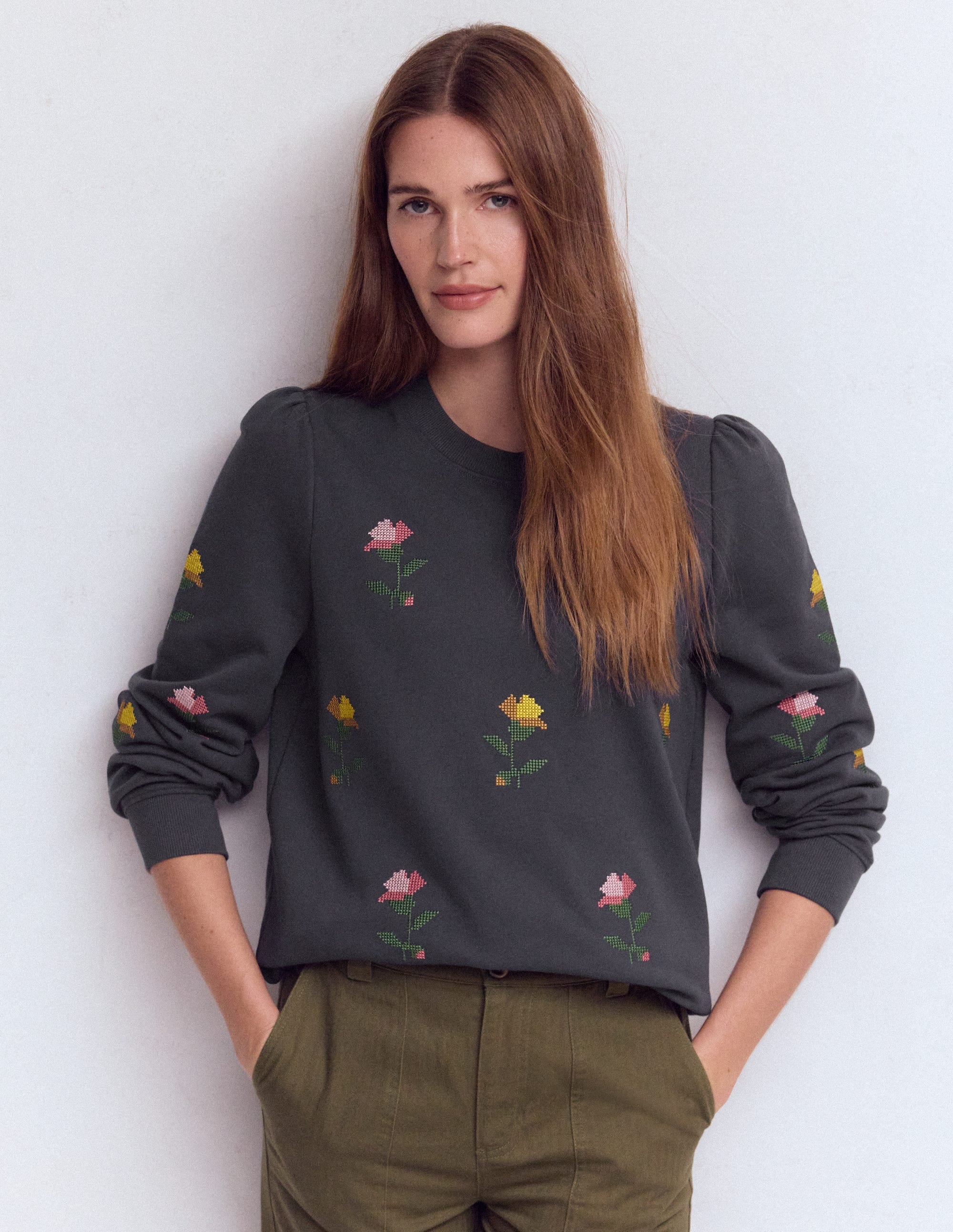 Puff Sleeve Embroidered Sweat-Cross Stitch Flower Embroidery