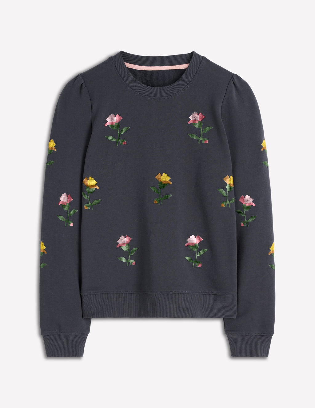 Puff Sleeve Embroidered Sweat-Cross Stitch Flower Embroidery