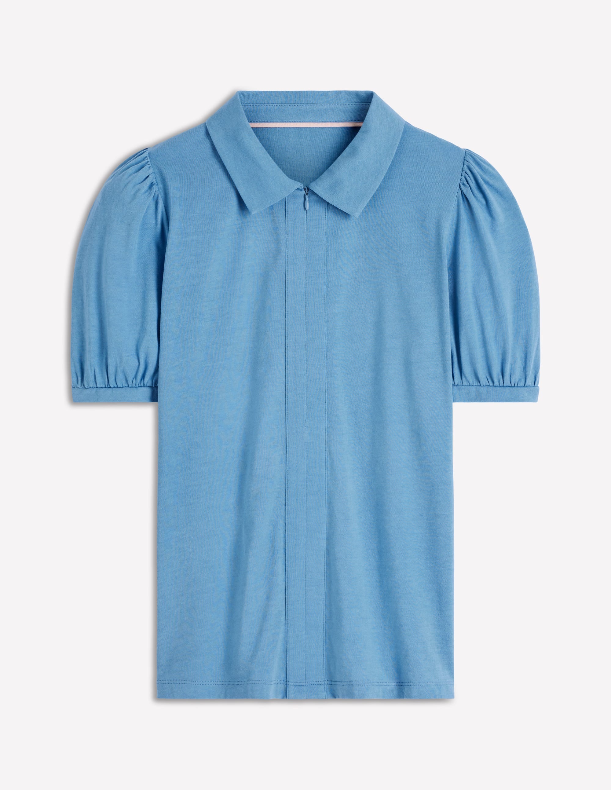 Short Sleeve Zip Collar Top-Silver Lake