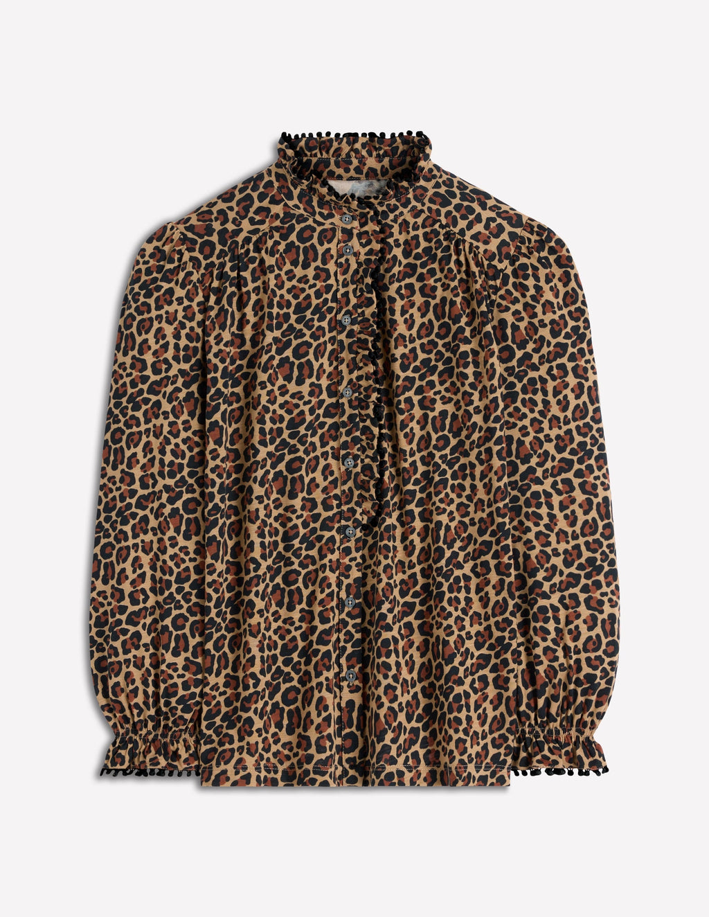 Emily Pom Trim Ruffle Shirt-Cheetah Spot