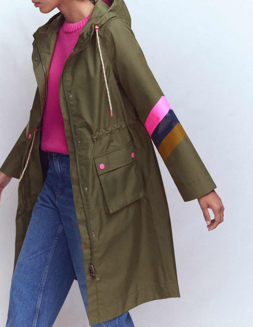 Striped Longline Rain Mac-Woodland Green Stripe