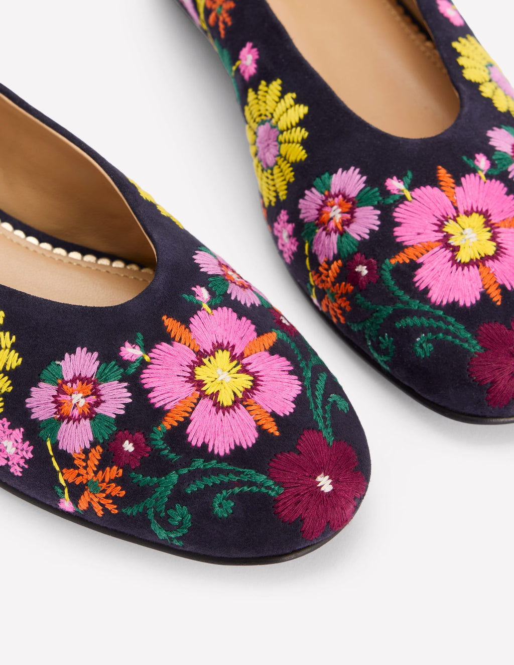 High Cut Ballet Flats-Navy/Embroidery