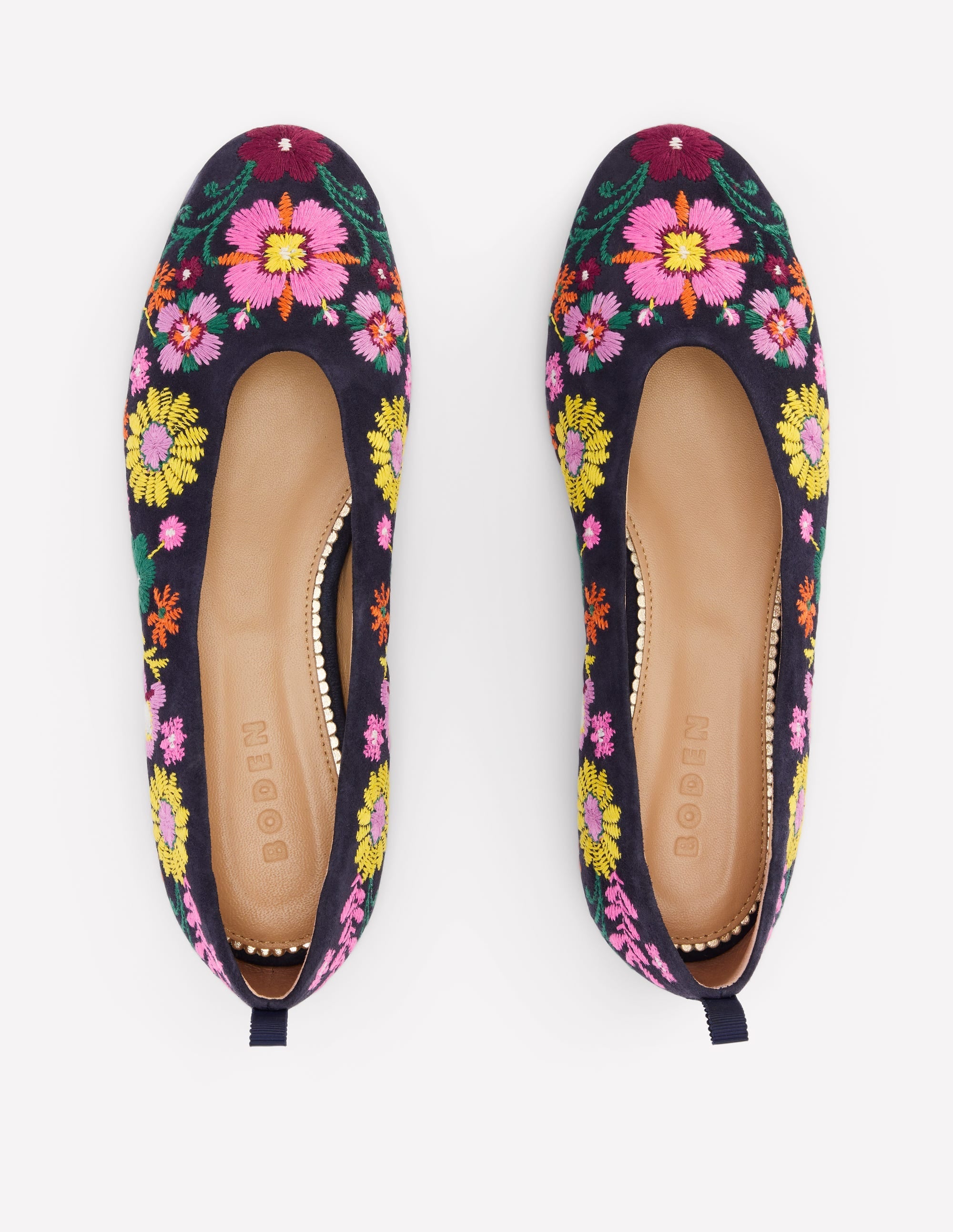 High Cut Ballet Flats-Navy/Embroidery