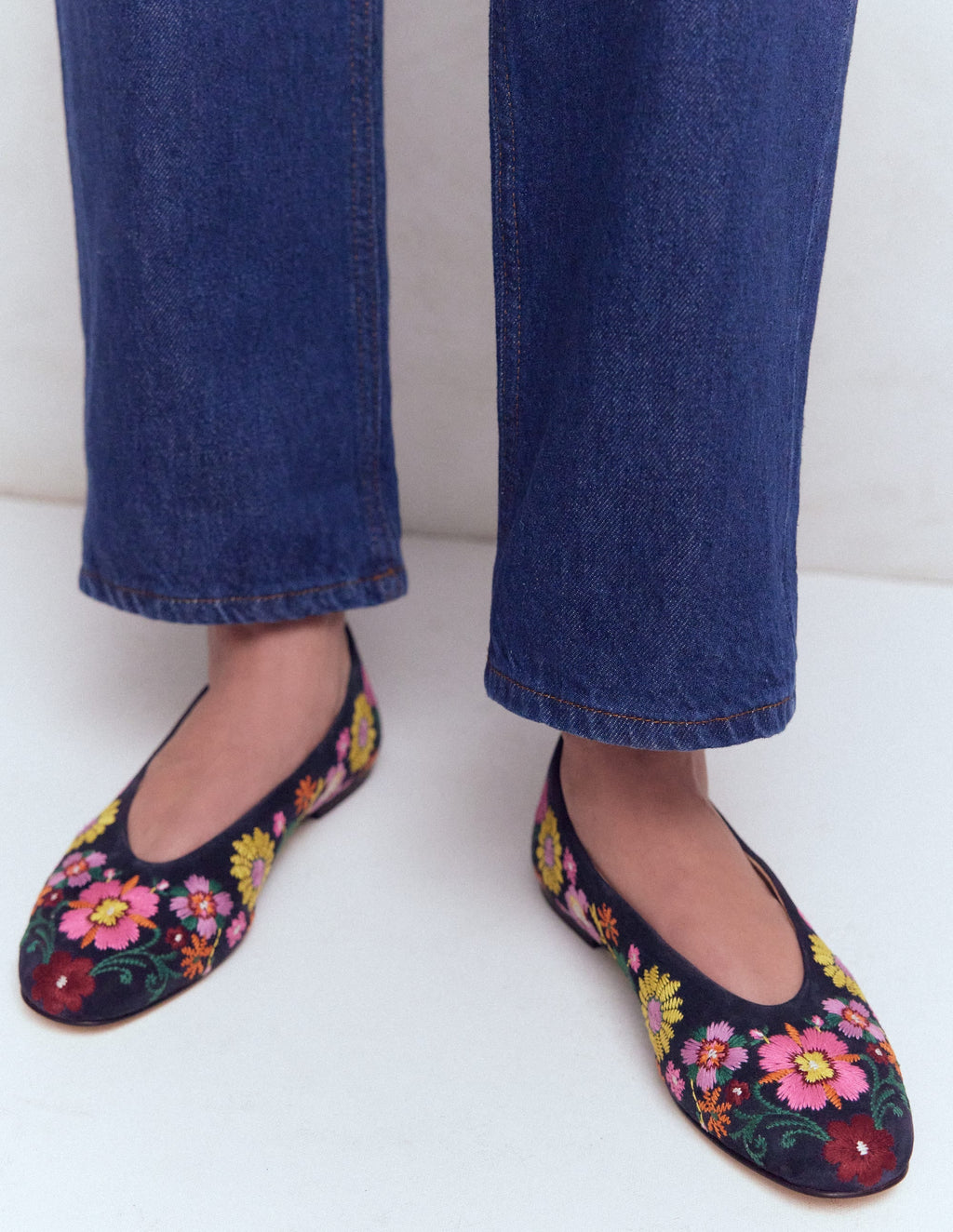 High Cut Ballet Flats-Navy/Embroidery