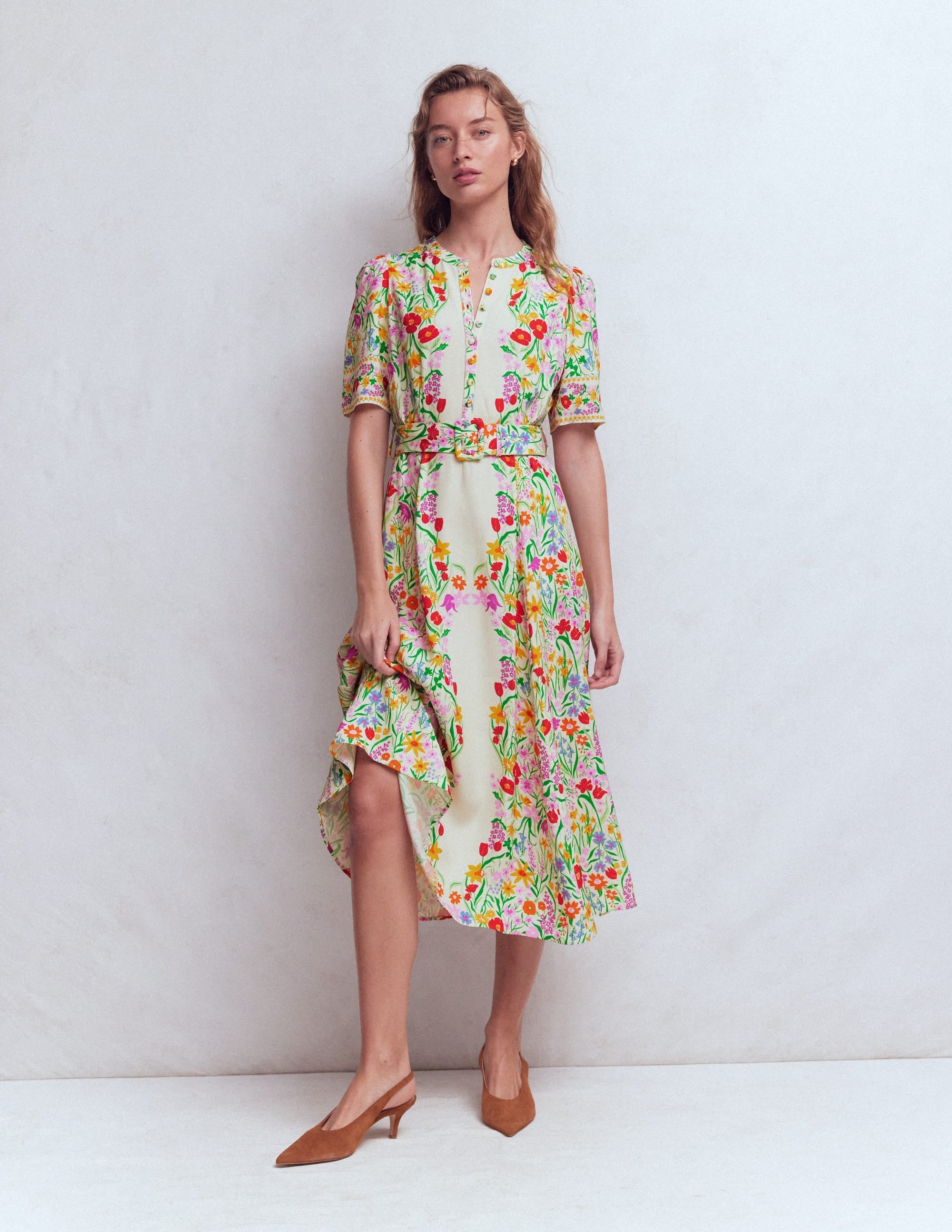 Kate Puff Sleeve Belted Dress-Ivory, Elegant Garden
