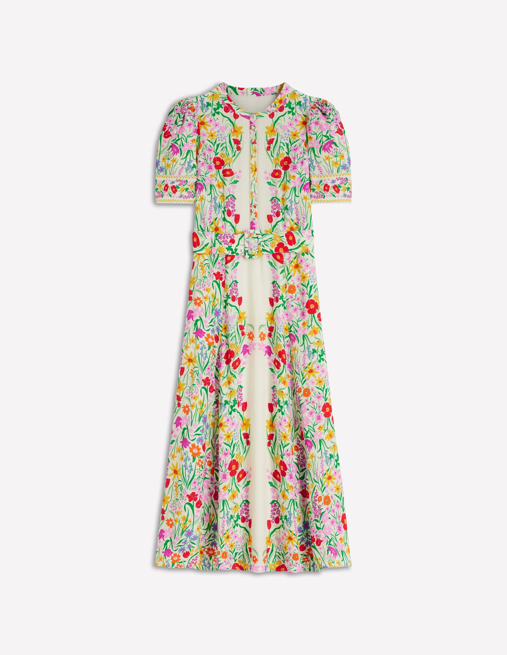 Kate Puff Sleeve Belted Dress-Ivory, Elegant Garden