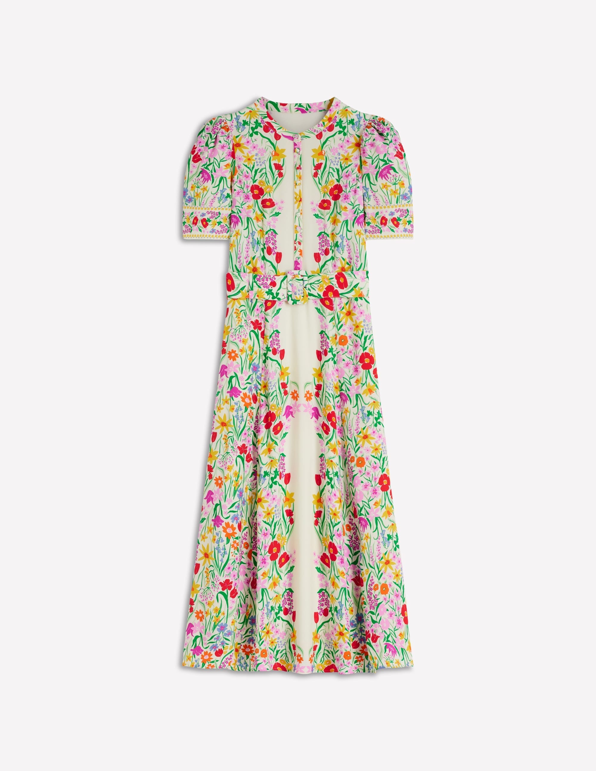 Kate Puff Sleeve Belted Dress-Ivory, Elegant Garden