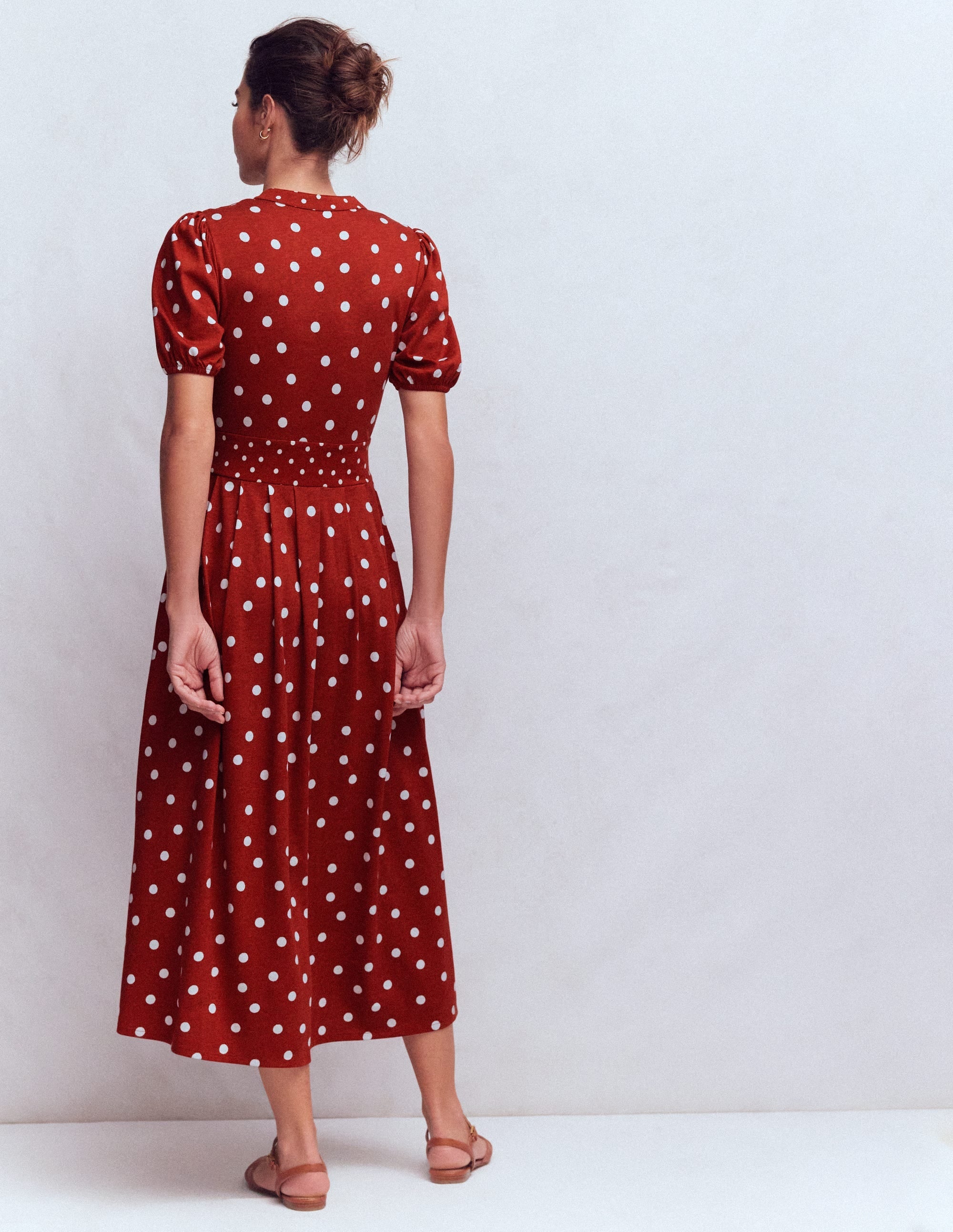 Amber Pleat Jersey Midi Dress-Burnt Orange, Painted Dot