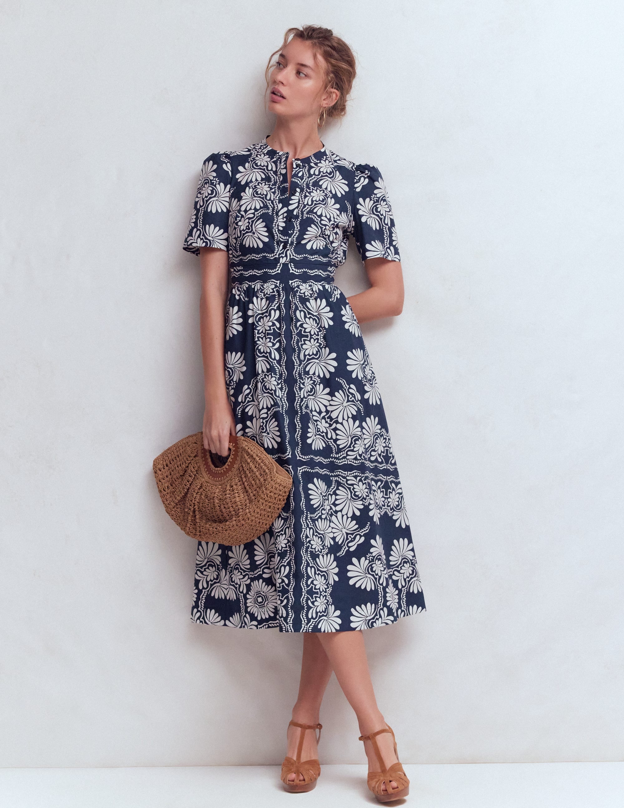 Ivy Button Cotton Midi Dress-French Navy Botanical Charm