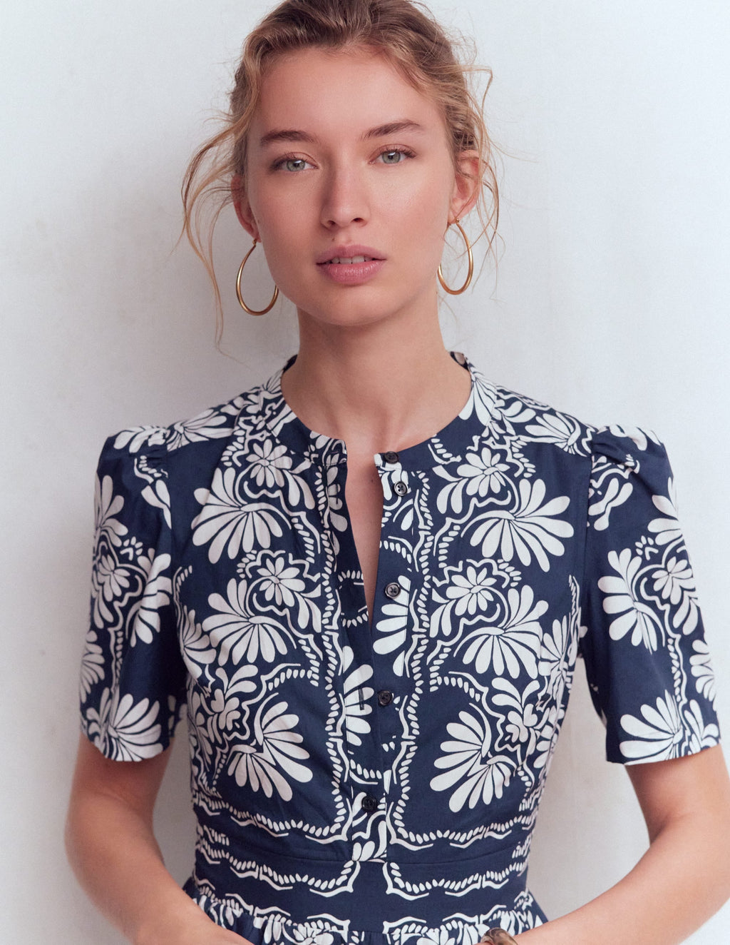 Ivy Button Cotton Midi Dress-French Navy Botanical Charm
