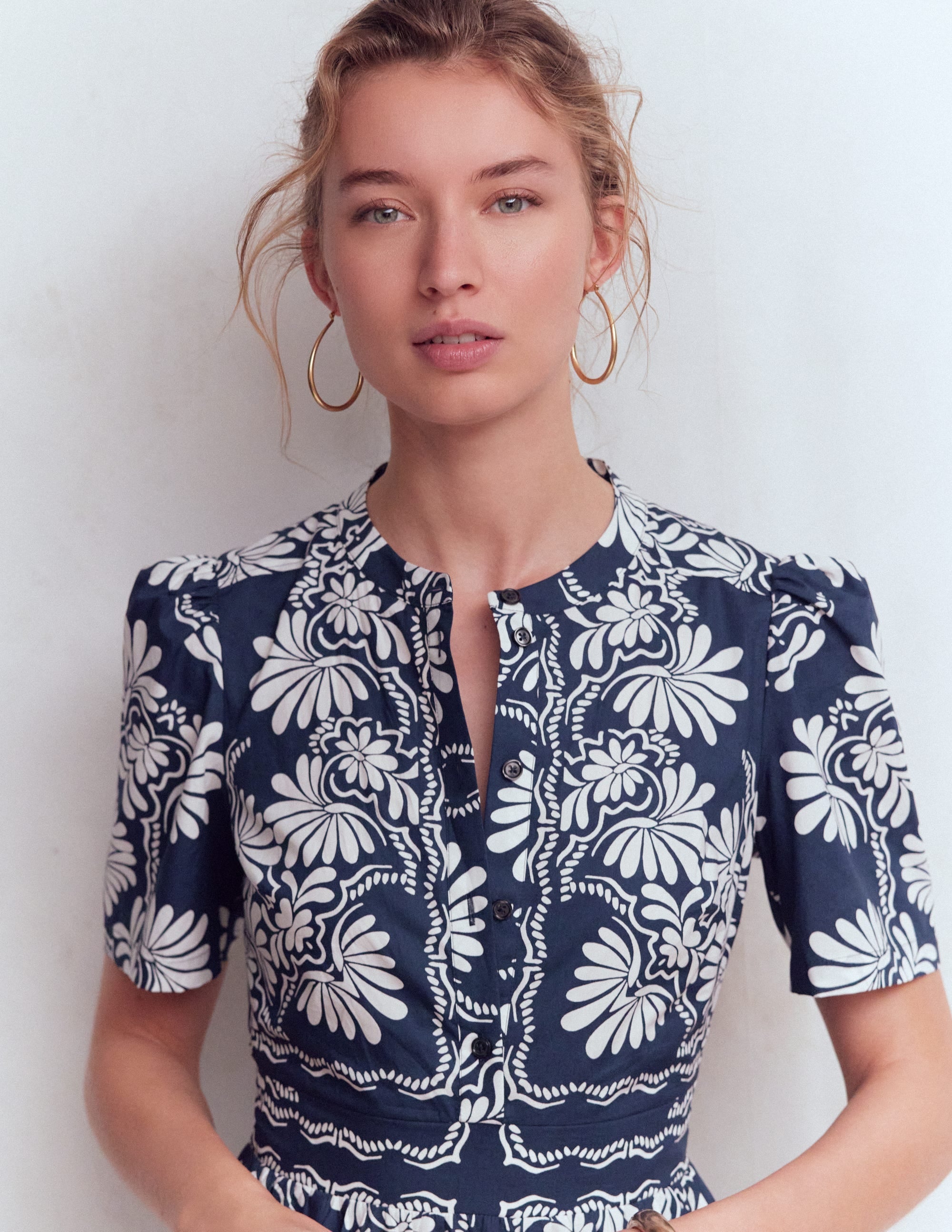 Ivy Button Cotton Midi Dress-French Navy Botanical Charm