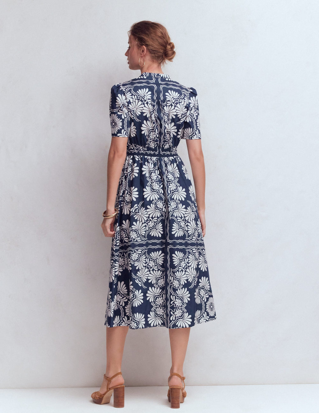 Ivy Button Cotton Midi Dress-French Navy Botanical Charm