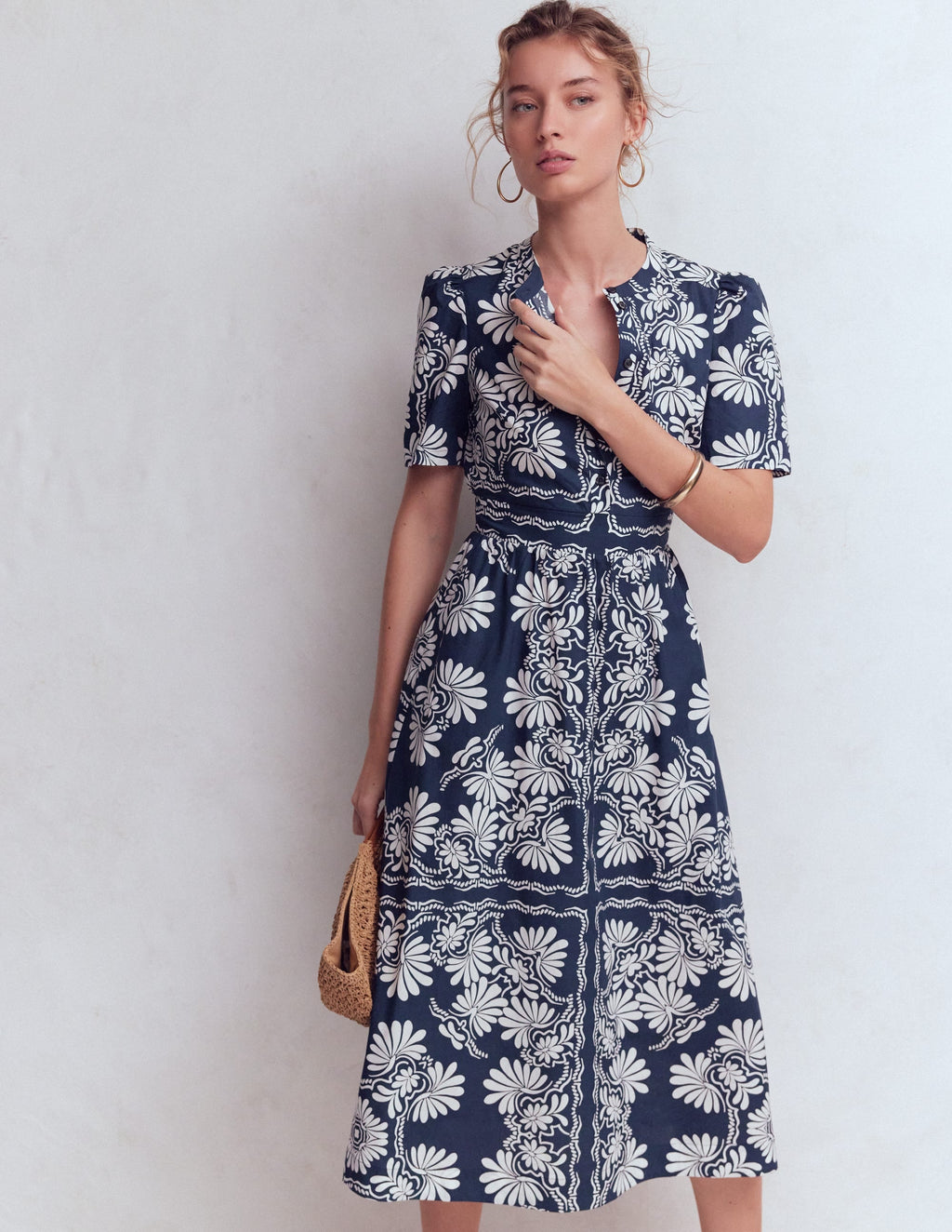 Ivy Button Cotton Midi Dress-French Navy Botanical Charm