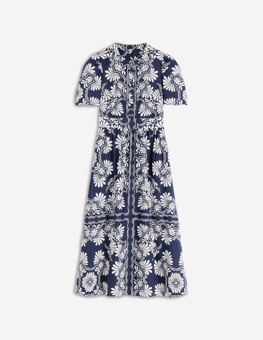 Ivy Button Cotton Midi Dress-French Navy Botanical Charm