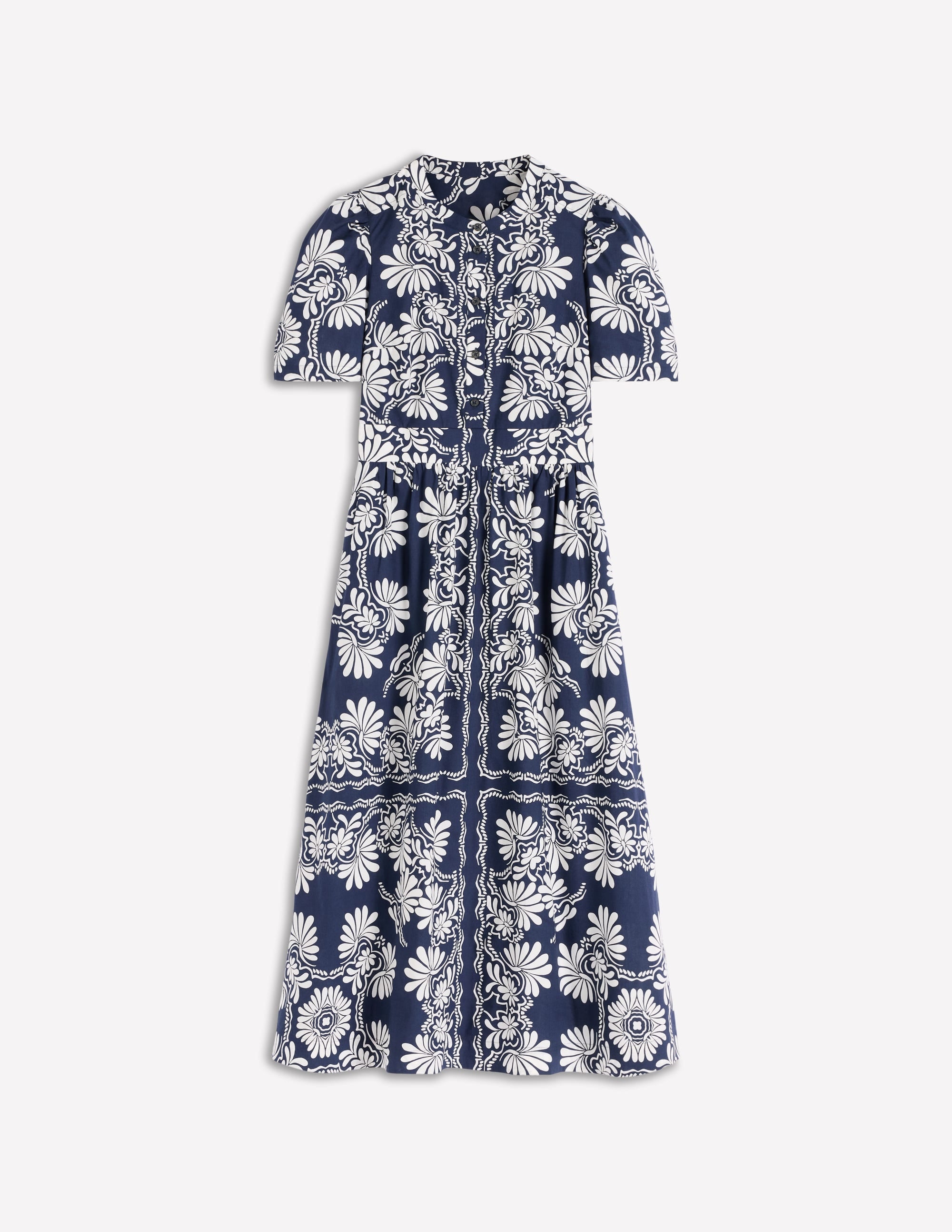Ivy Button Cotton Midi Dress-French Navy Botanical Charm