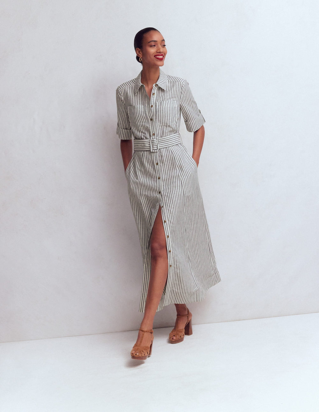 Ora Linen Blend Shirt Dress-Navy Ivory Stripe