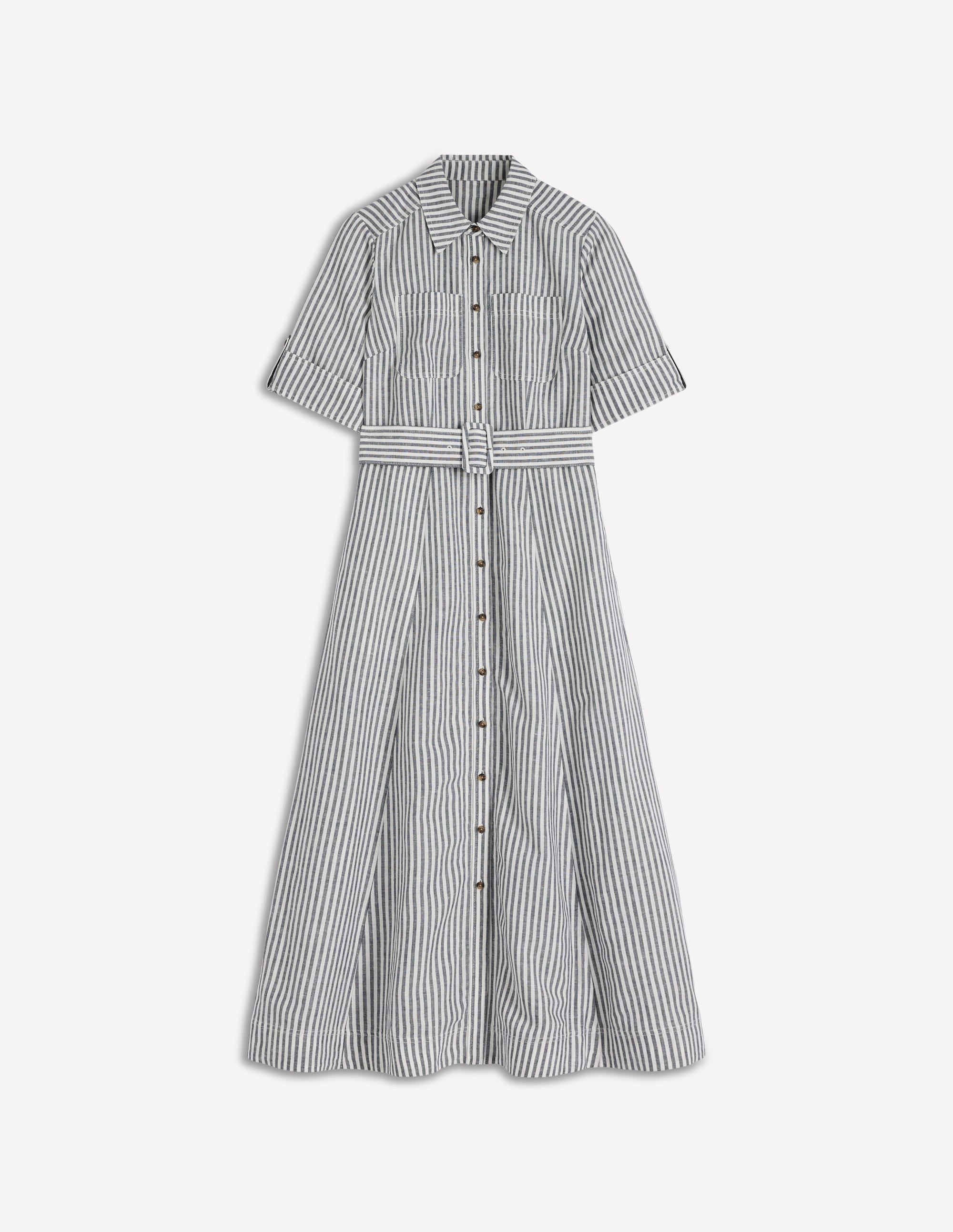 Ora Linen Blend Shirt Dress-Navy Ivory Stripe
