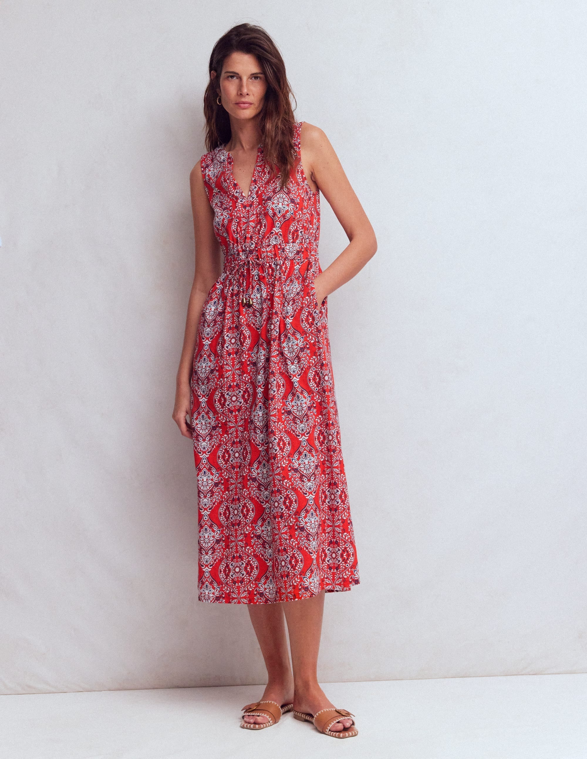 Delphine Midi Sleeveless Dress-Blood Orange, Gardenia