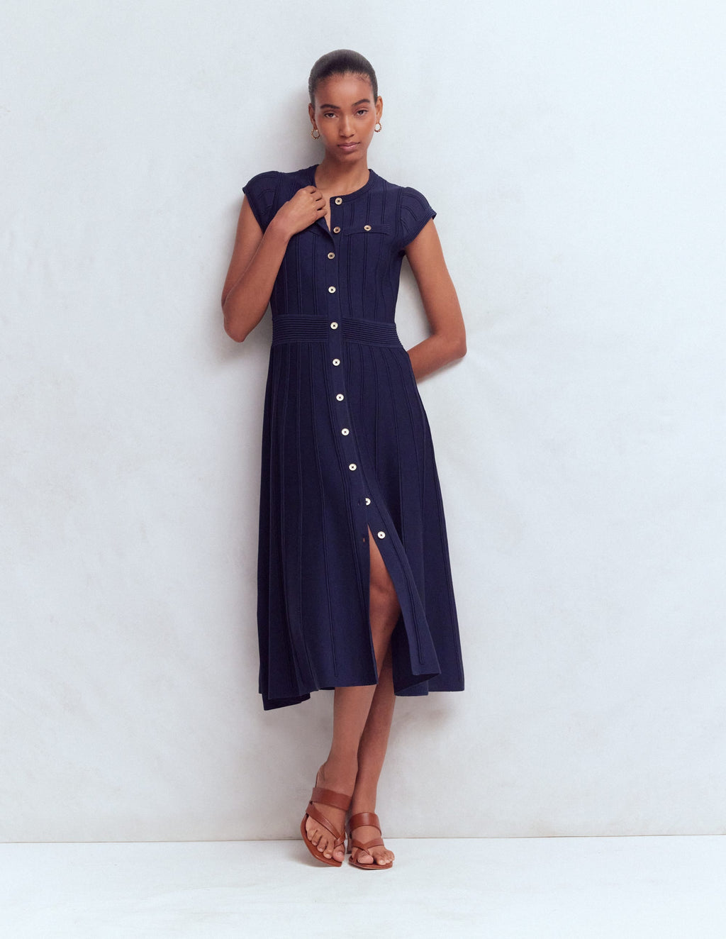 Cap Sleeve Knitted Dress-Navy