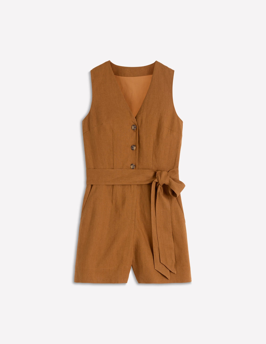 Laura V-neck Linen Playsuit-Gingerbread