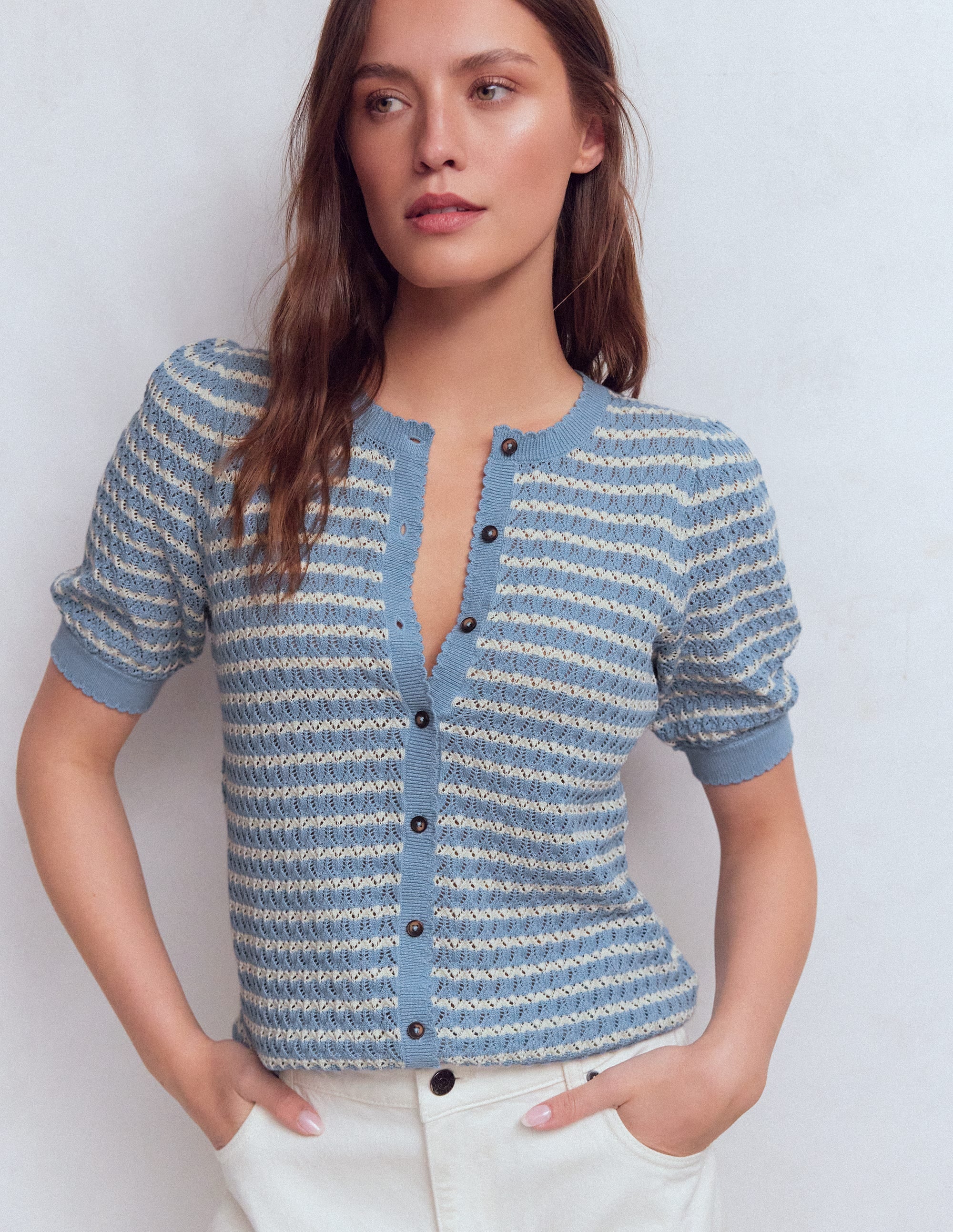 Dot Pointelle Cardigan-Blue Stripe
