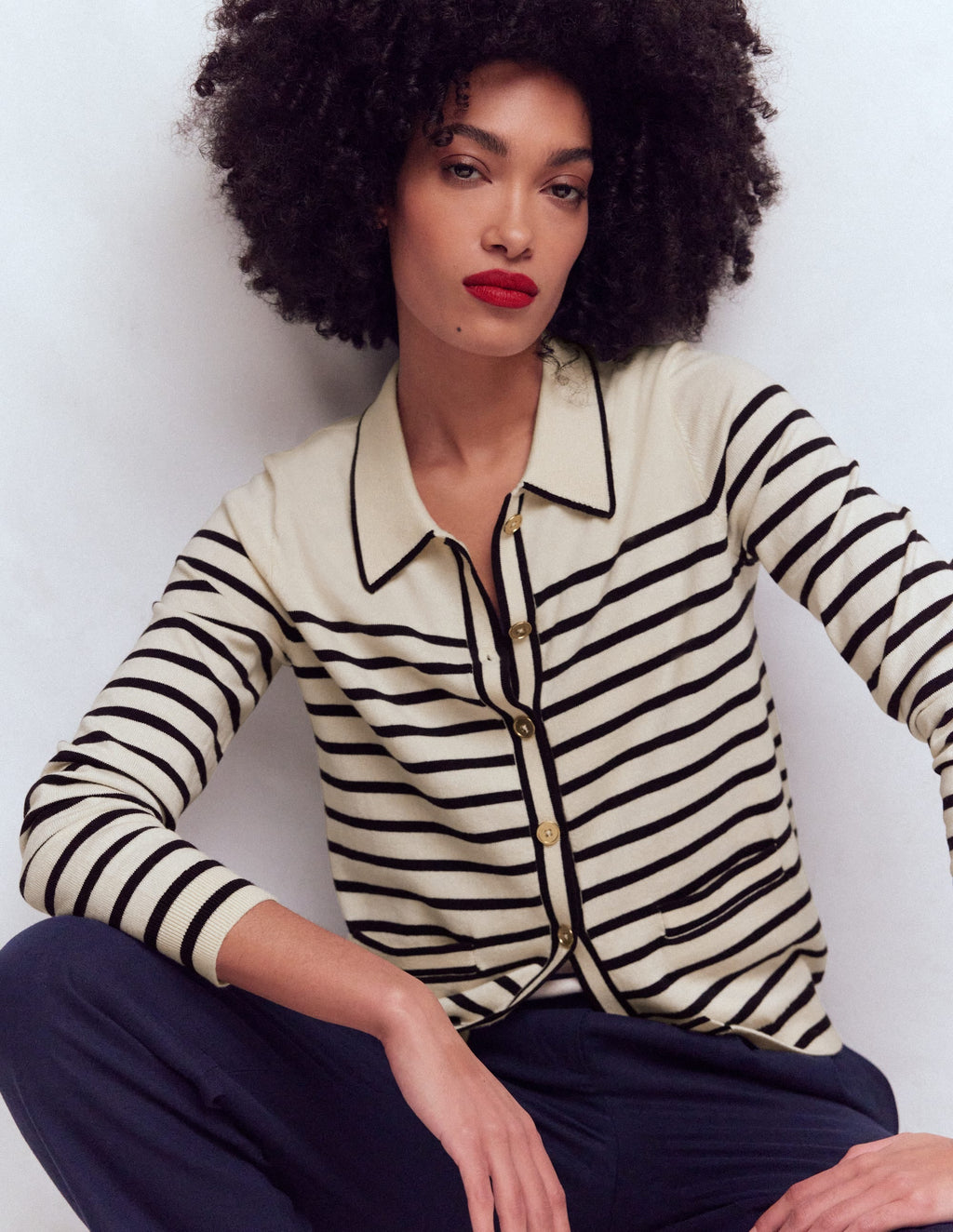 Liz Knitted Collared Cardigan-Ivory/ Navy